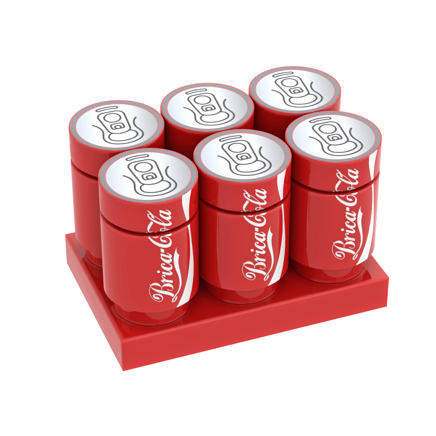 Six Brica Colas LEGO drink cans on a red holder on a white background