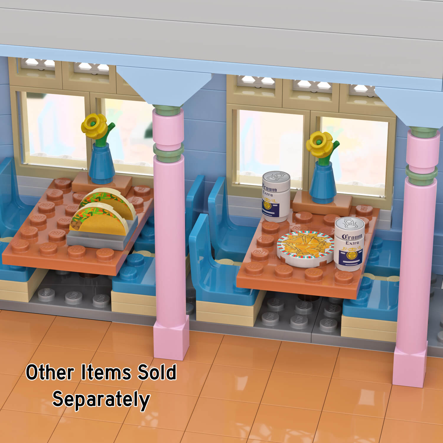 LEGO brick built Mexican restaurant with vibrant colors with tacos and chips and queso and beers on tables.