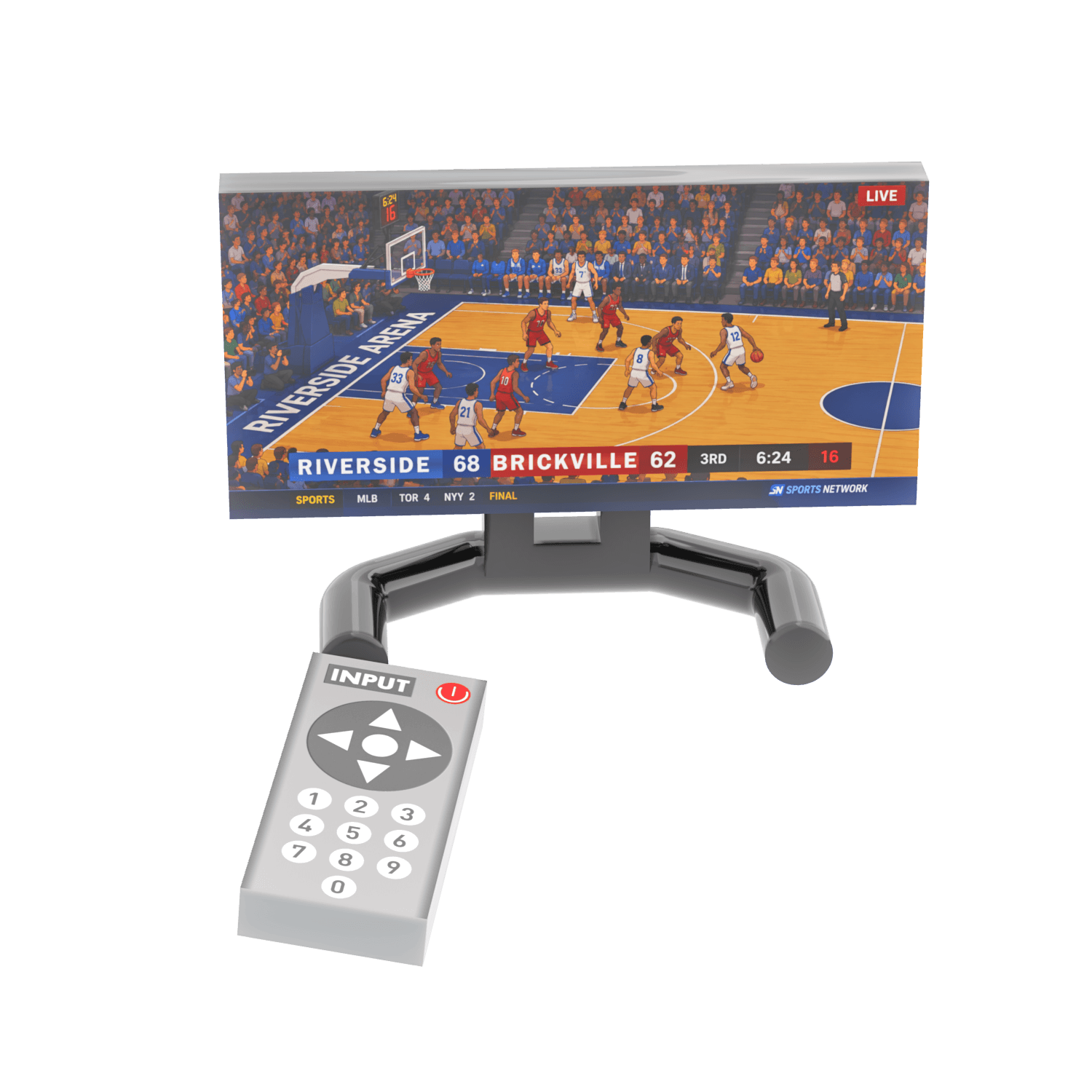 Small TV screen displaying a basketball game with characters and a remote control on a white background