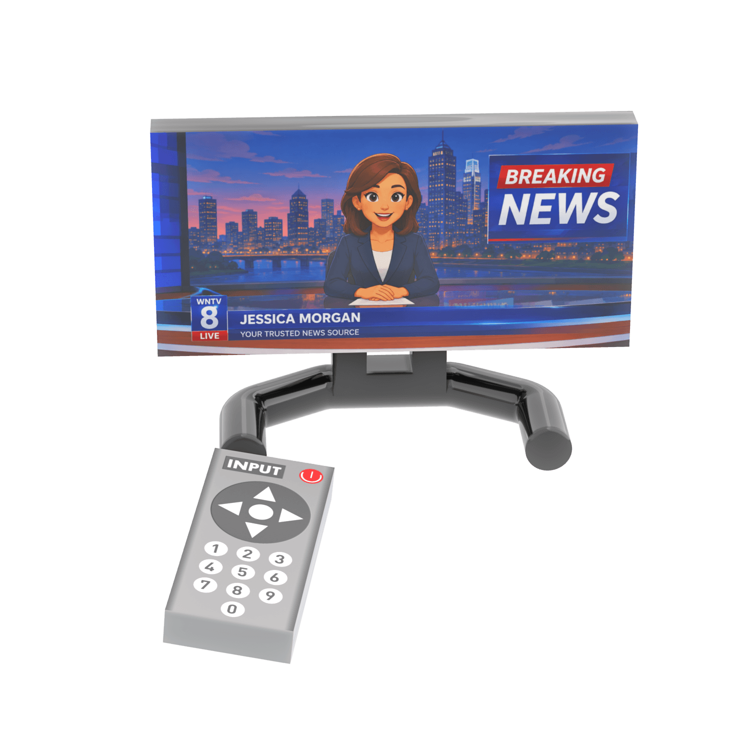 Small LEGO brick built TV screen and remote with a news anchor with the title BREAKING NEWS on a white background