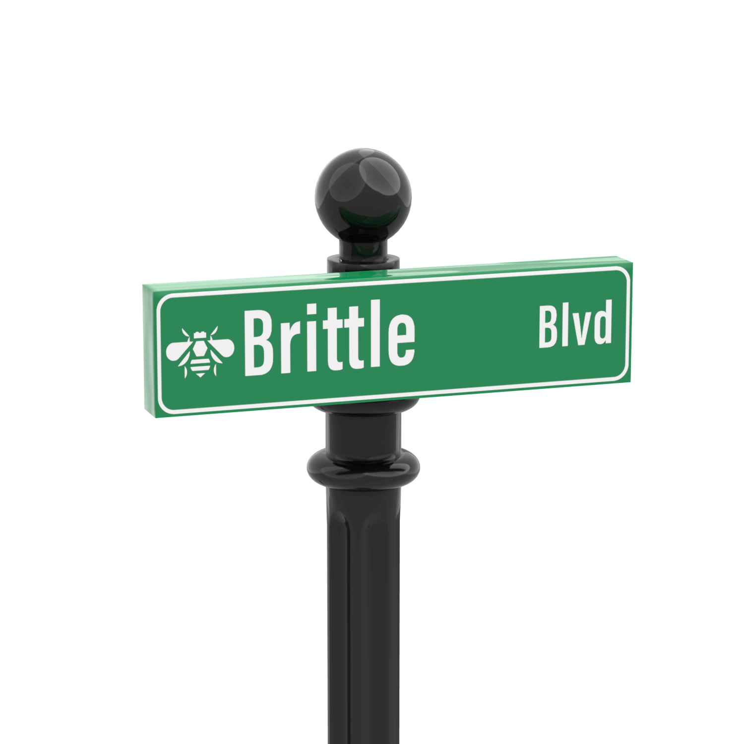 Green LEGO street sign with "Brittle Bvld" printed on it with a black post on a white background.