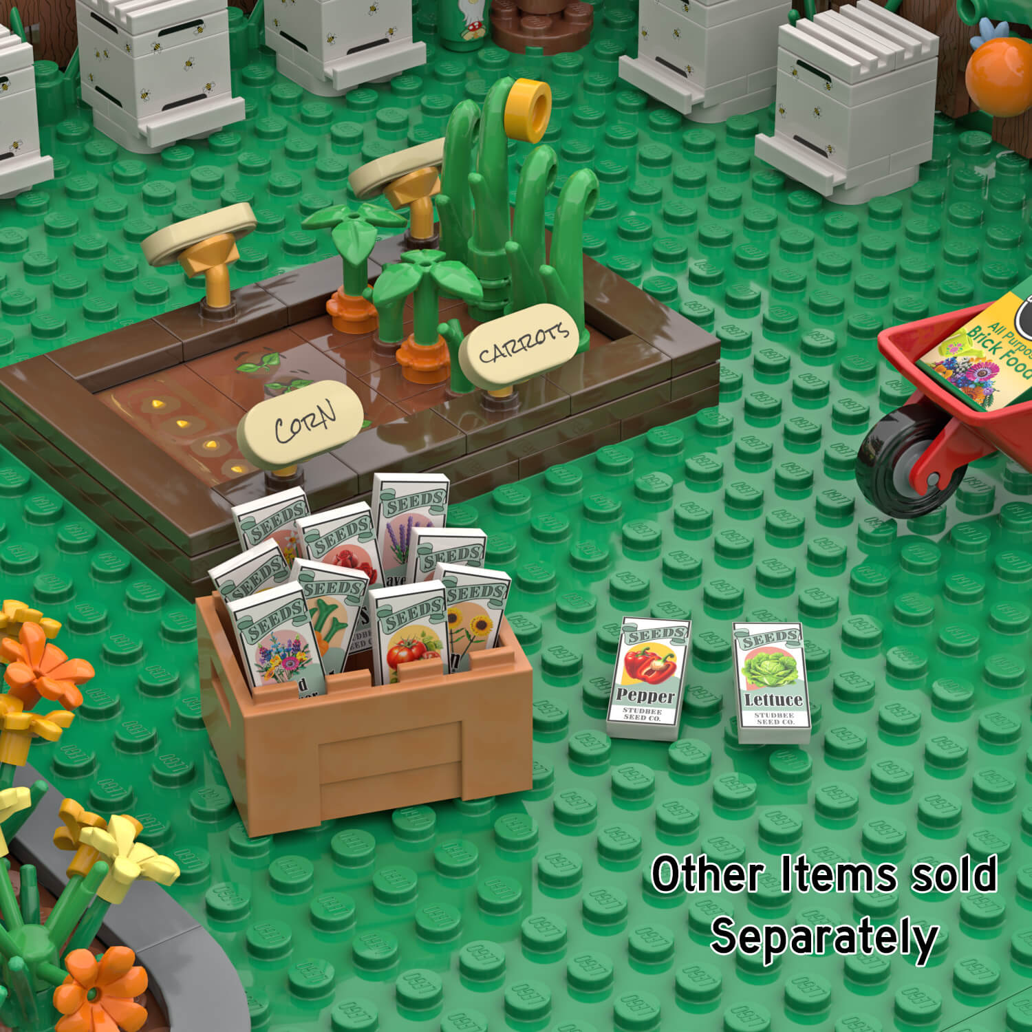 StudBee Exclusive design and printed seed packets in a tan basket with a flower garden and bee hives in the background all in a LEGO garden scene.
