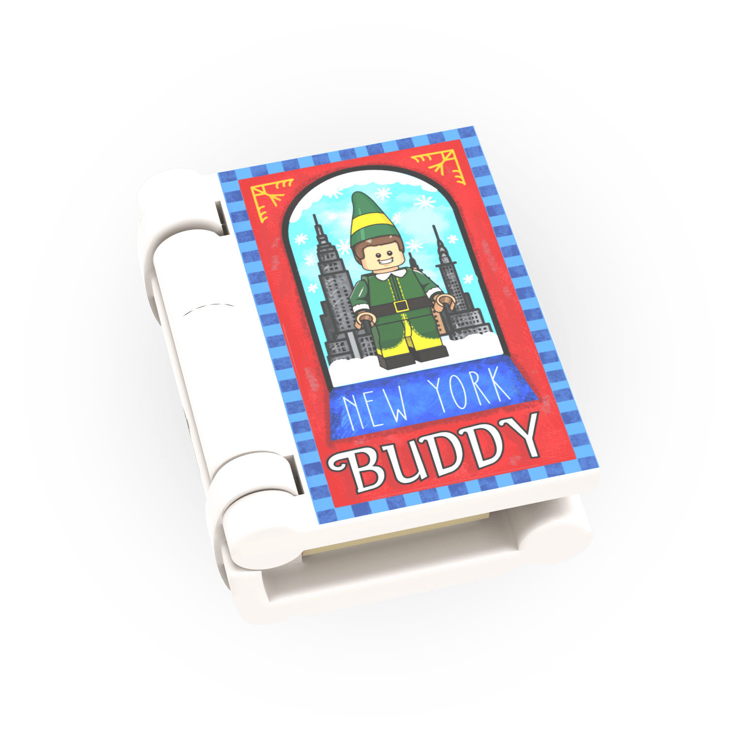 Buddy Elf Book with a colorful front cover featuring a Christmas elf character and text on a white background - custom lego