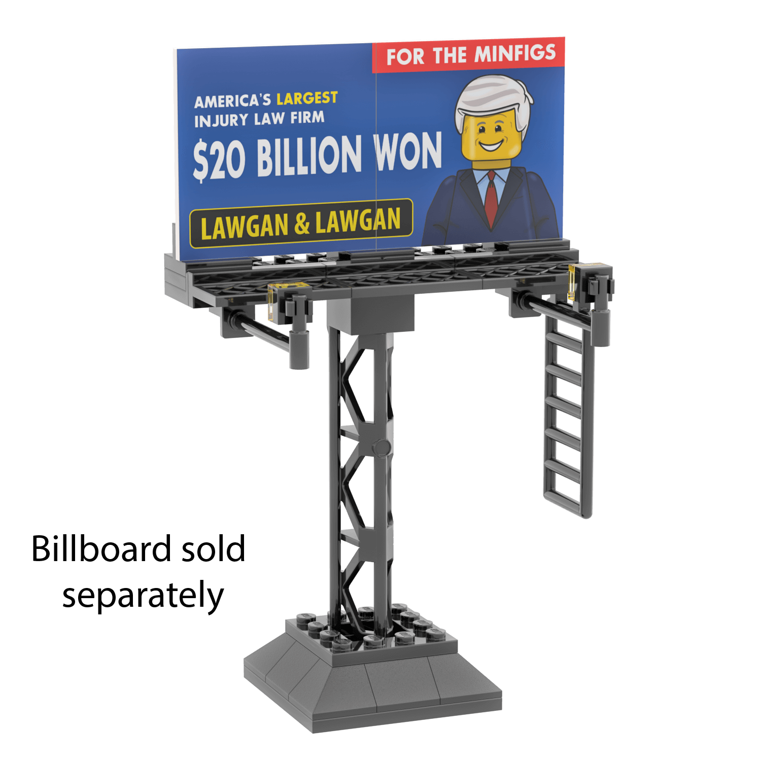 billboard, and stand made from lego with a character and text on a black background