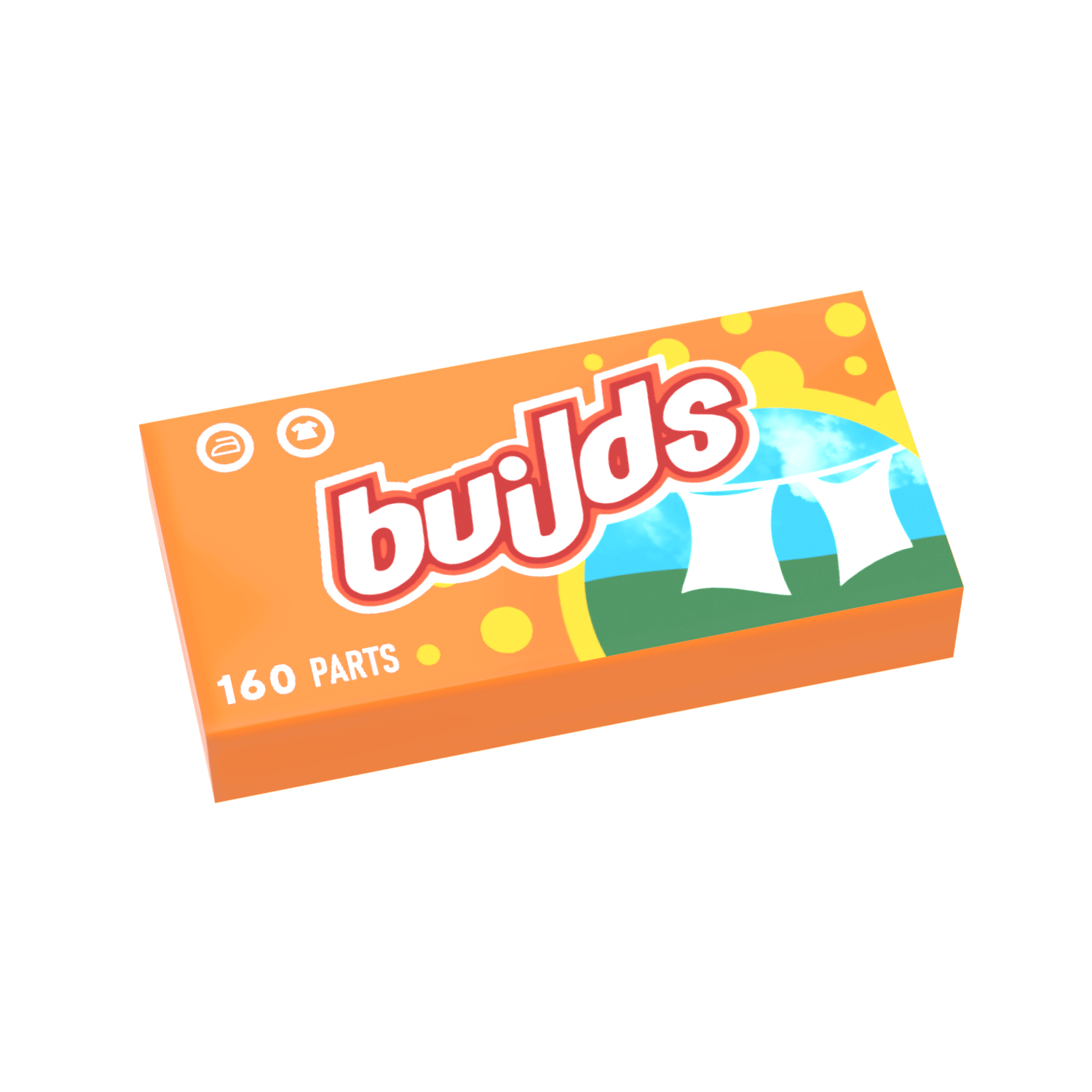 Box of 'buIlds' with an orange background and colorful design 