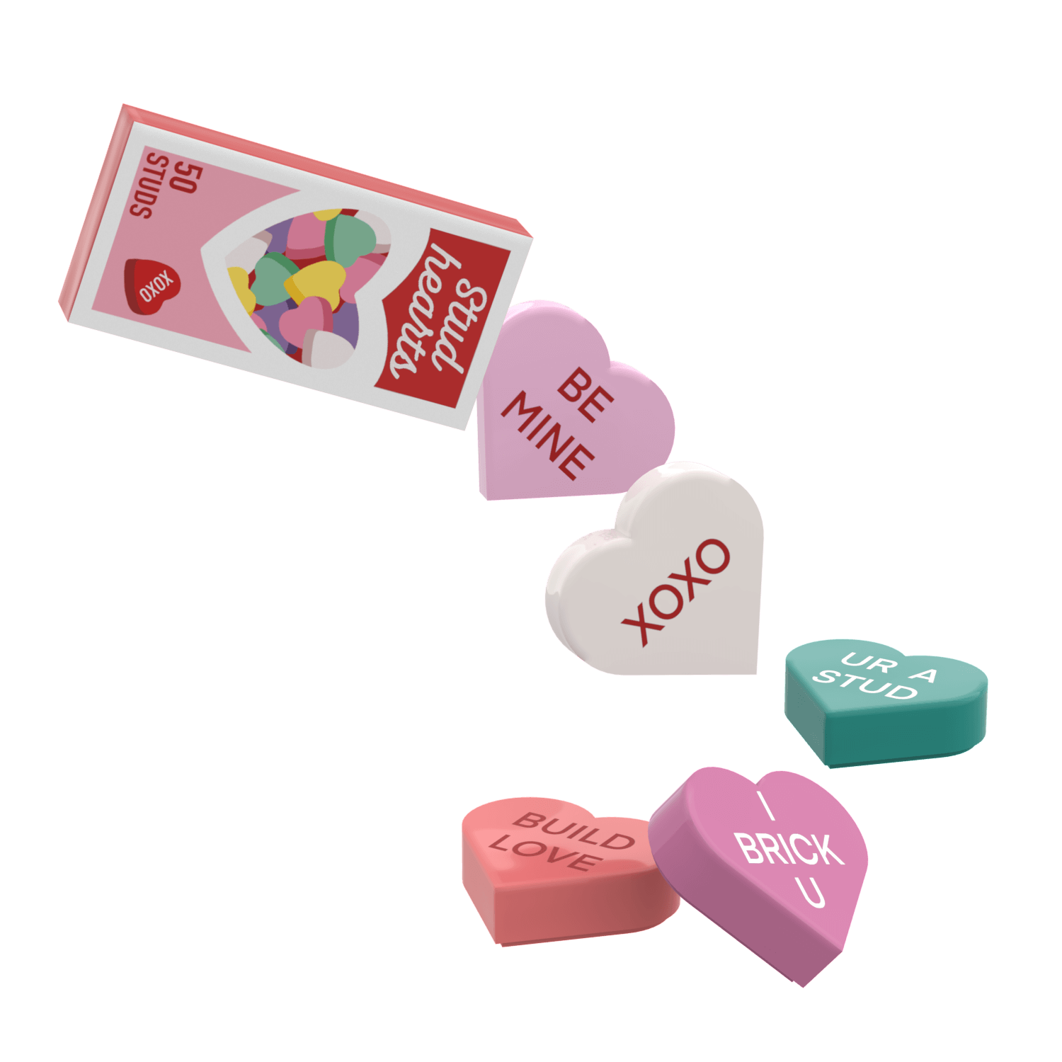 Valentine-themed candy hearts with text on a black background