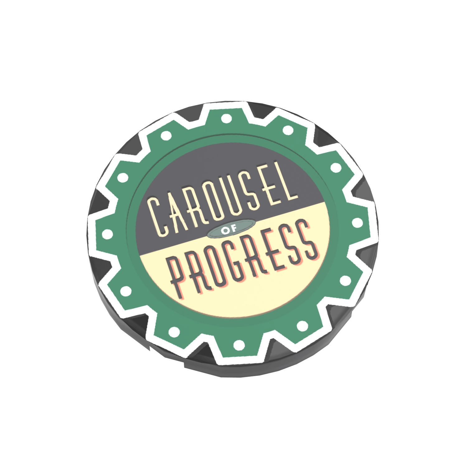 A custom printed Lego tile featuring the text 'Carousel of Progress' in a circular design reminiscent of a fairground badge.