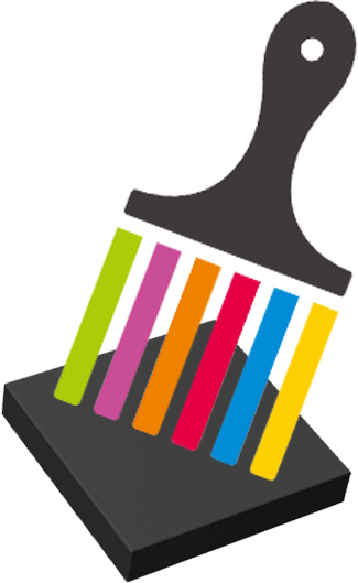 cartoon depiction of a paint brush painting multiple colors on a black square LEGO tile on a white background.