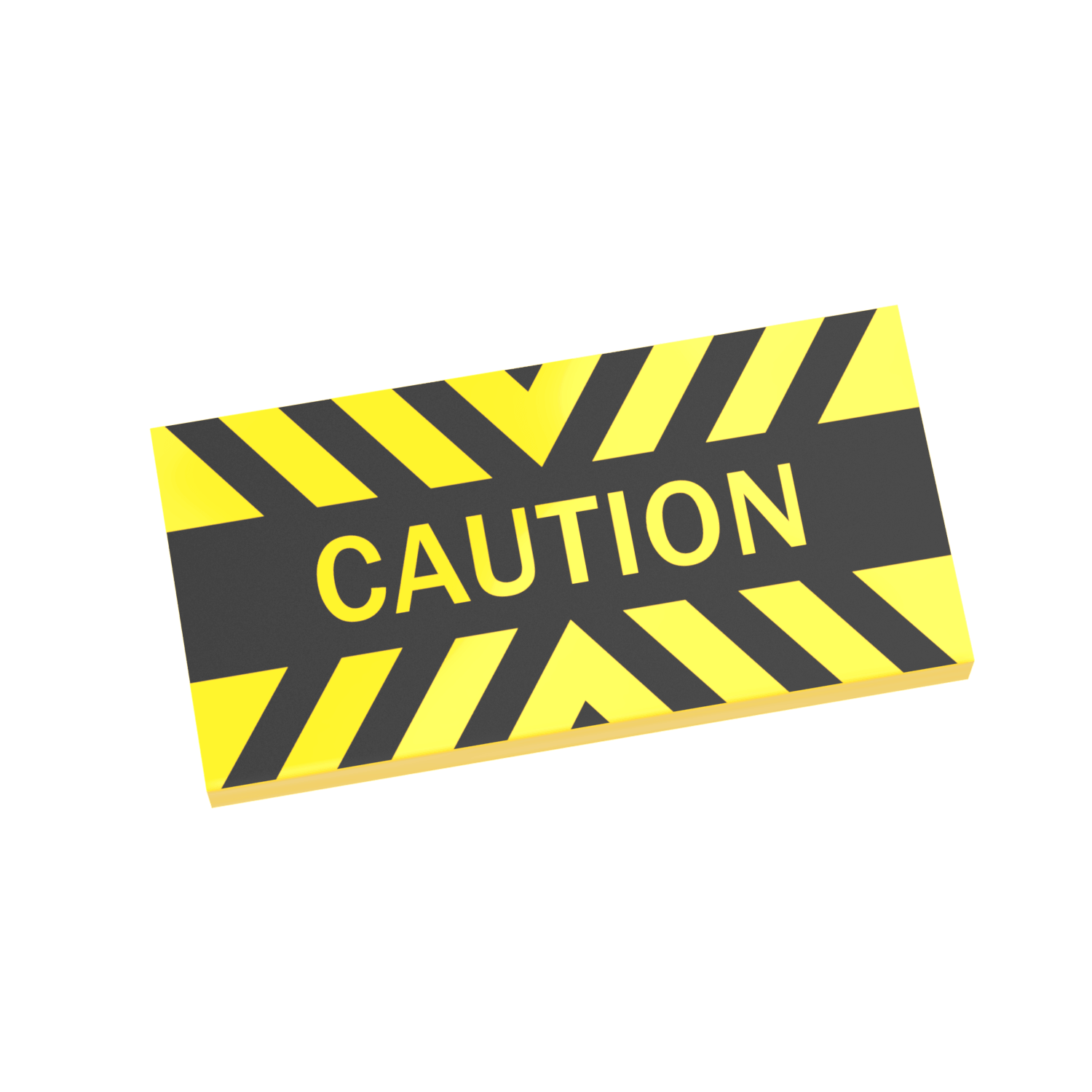 Caution sign with black chevrons and yellow stripes with the word caution int he center on a yellow LEGO tile, on a white background