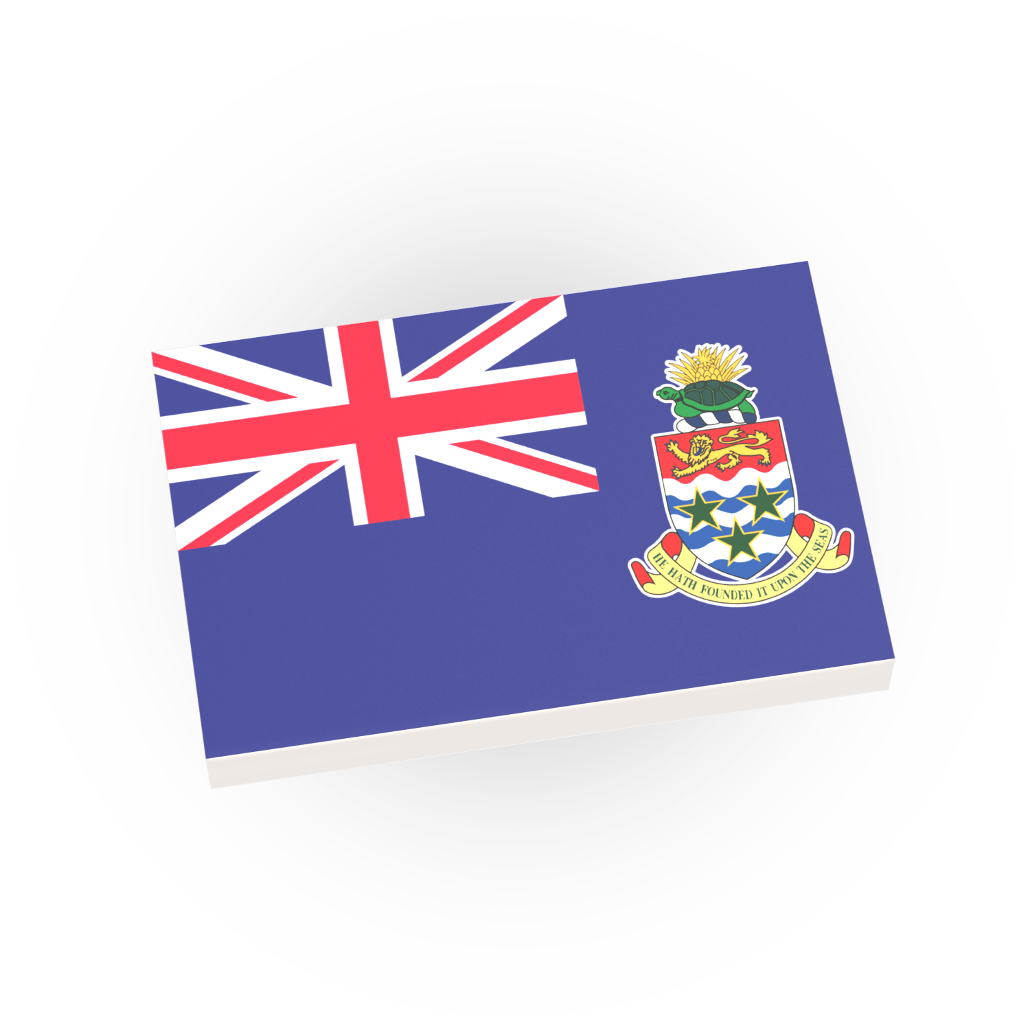 Cayman Islands Country Flag printed on a white LEGO Tile, on a white background.