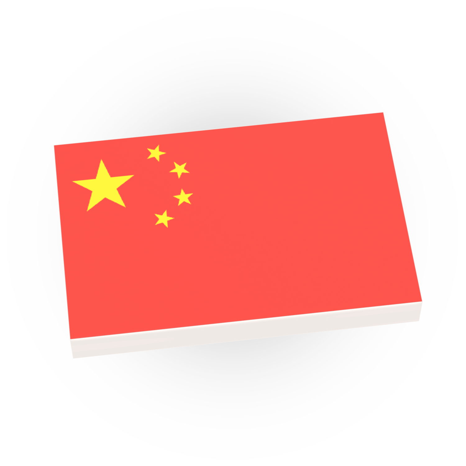 A custom printed Lego 2x3 white tile with the China country flag.
