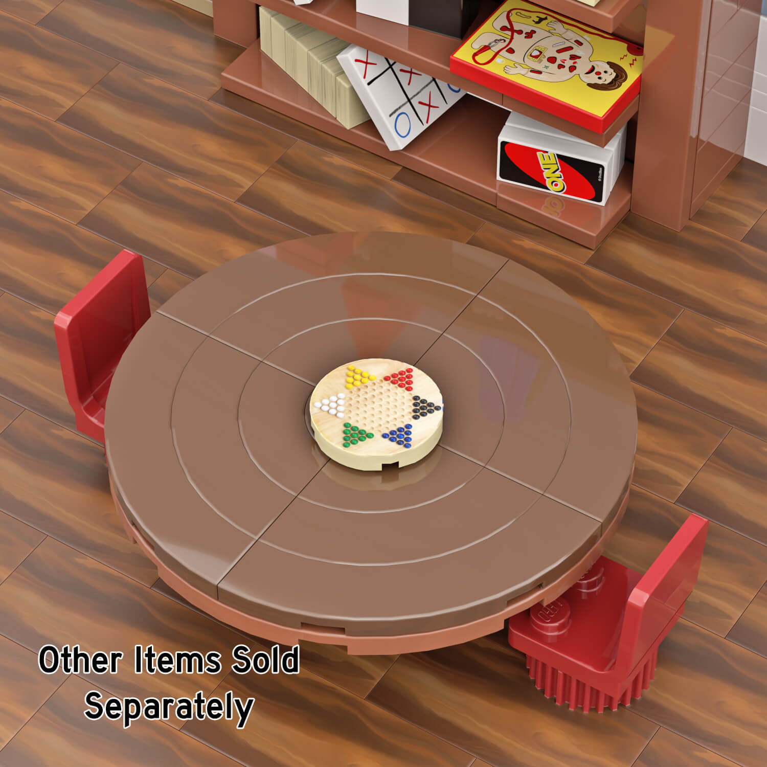 Chinese Checkers Game printed on a LEGO tile sitting on a round brown table with a brown floor.
