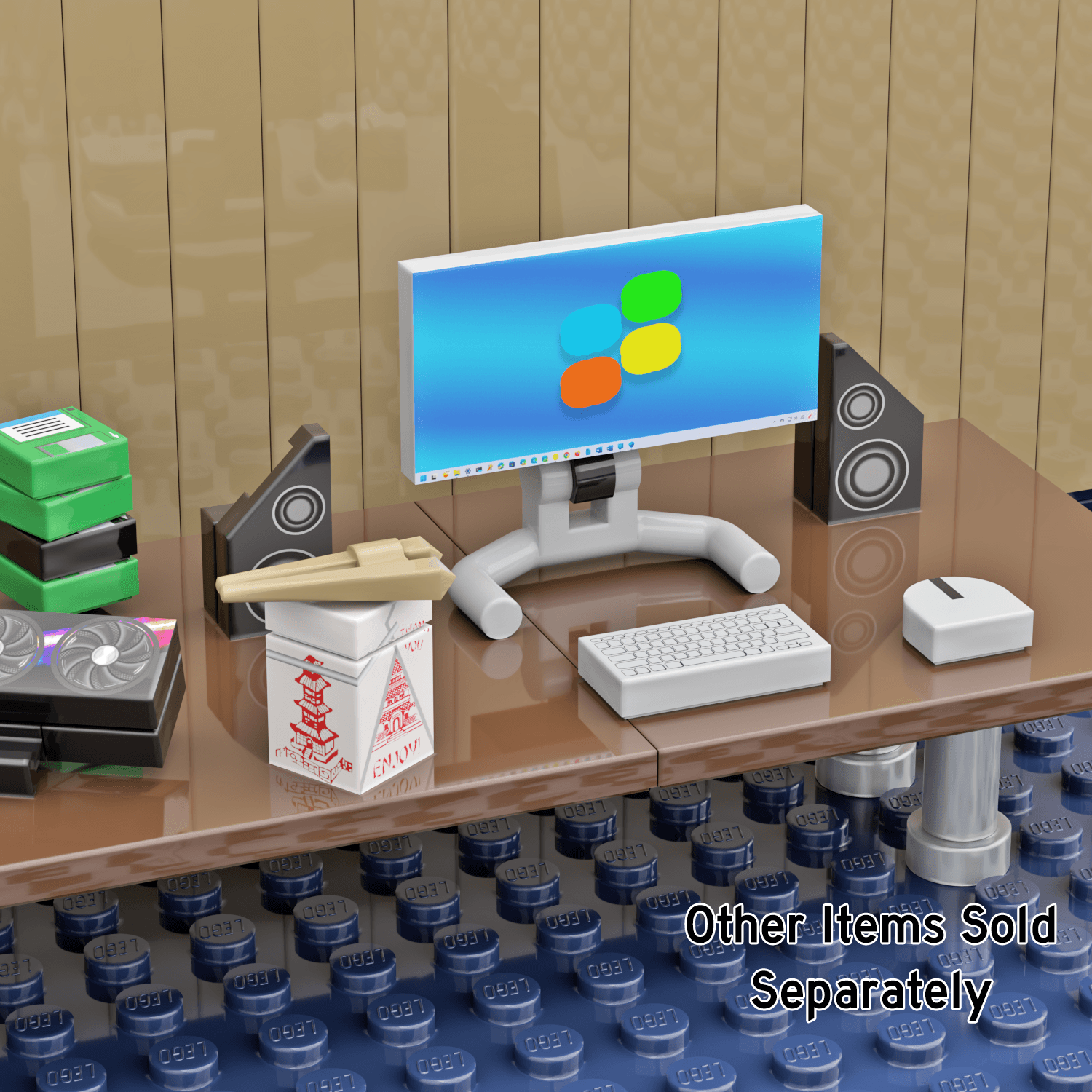 Brick built scene showing a Chinese takeout container sitting on a brown desk with windows computer and tan walls on a blue LEGO baseplate carpet