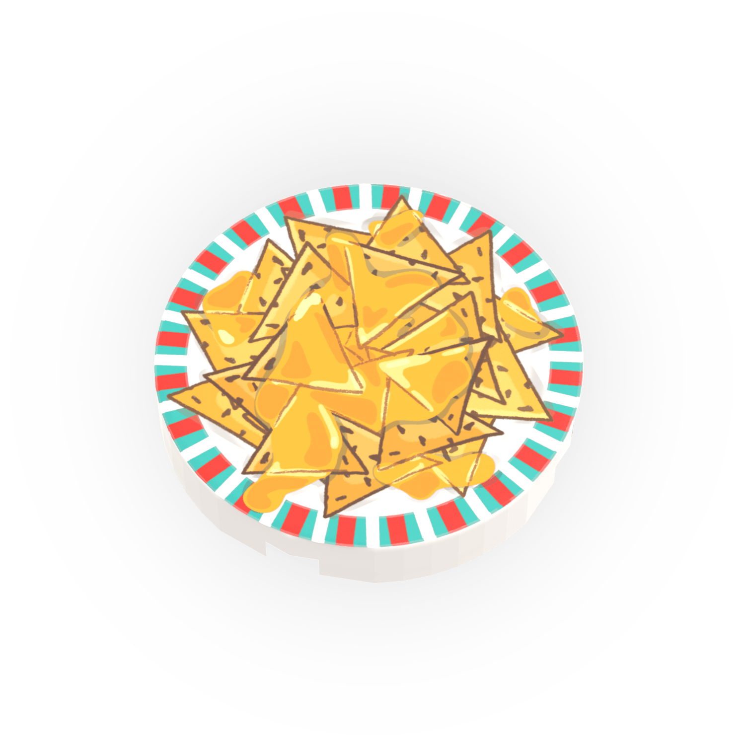 Drawing of chips and queso in a white festival bowl with red and greenish blue decorative pattern around the edge custom printed on a round LEGO tile on a white background