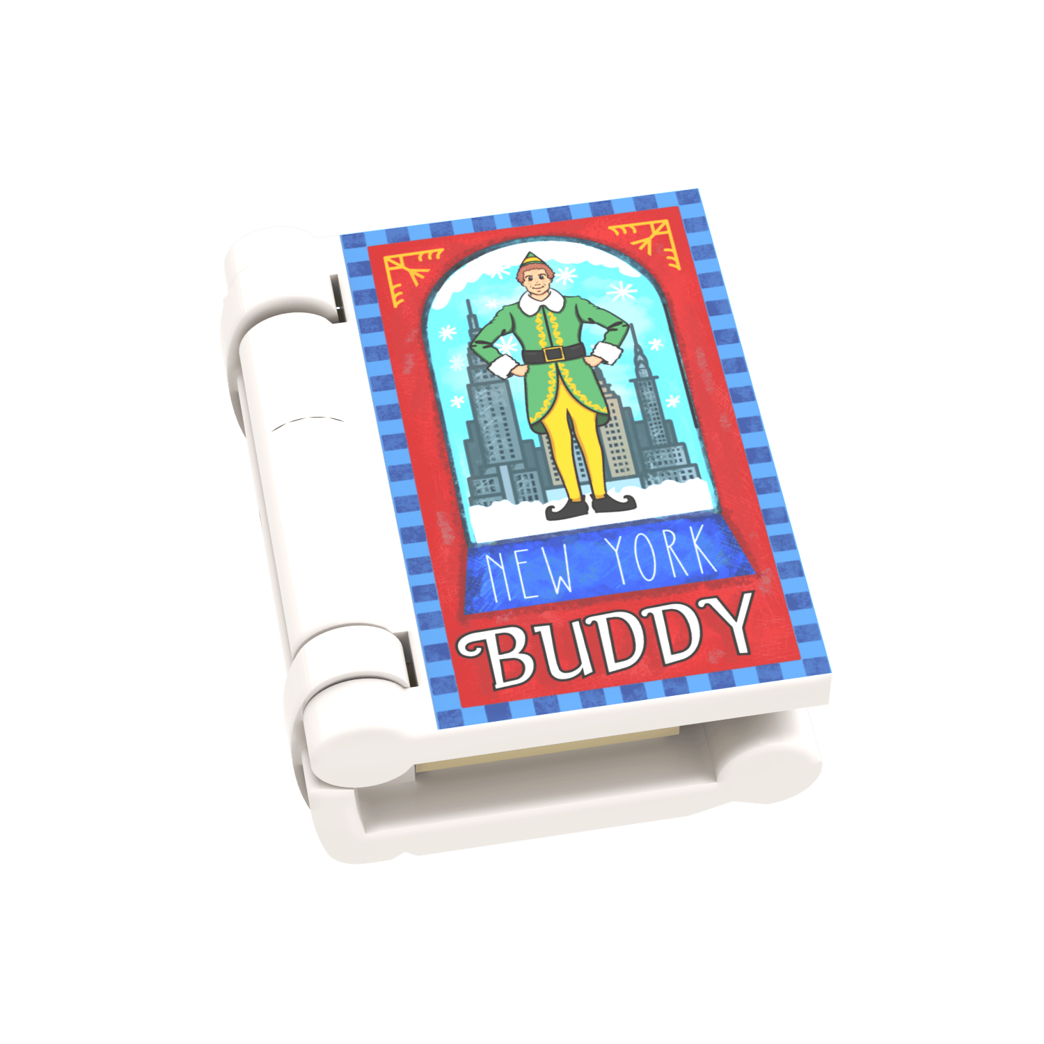 Aftermarket custom printed LEGO book elf story  'New York Buddy' design featuring an elf against a cityscape background.