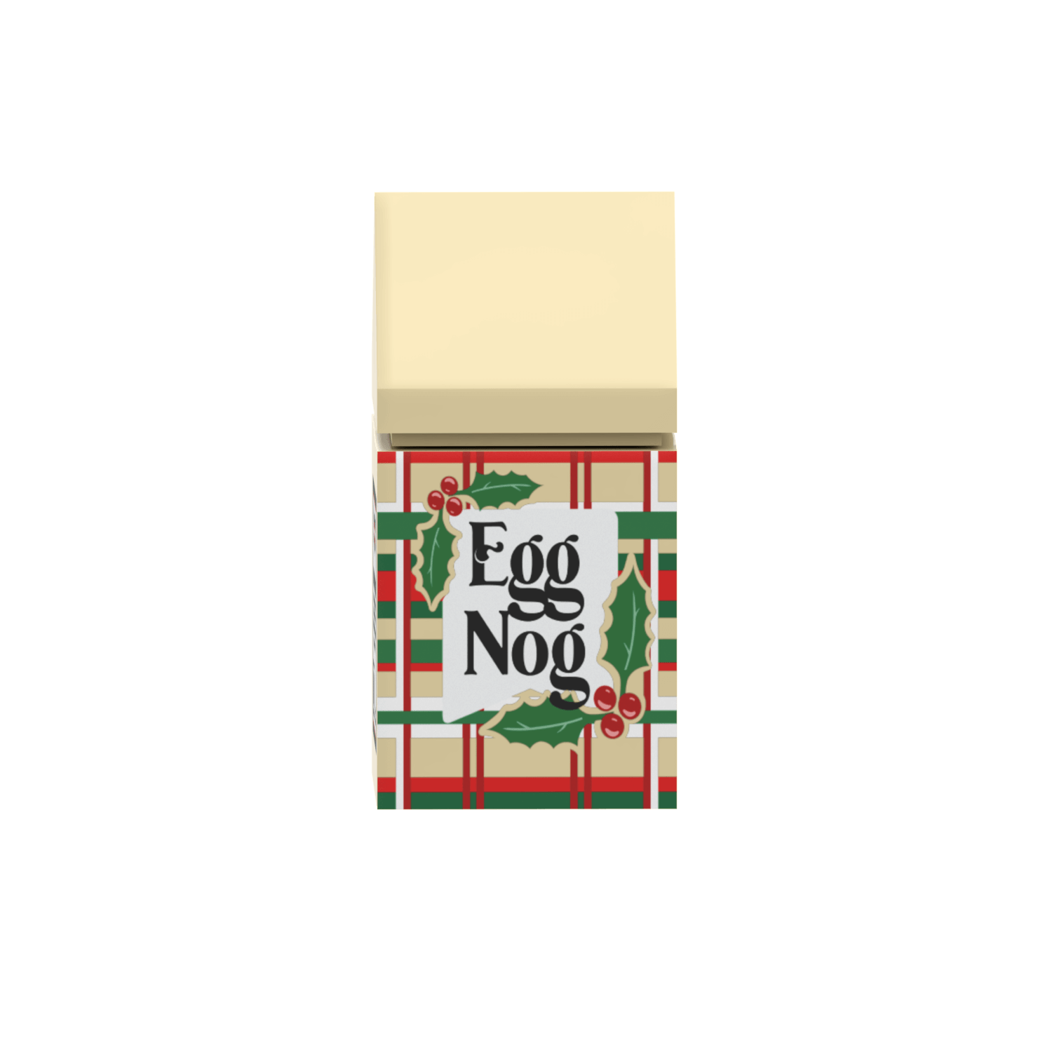 Egg Nog carton with plaid design and holly leaves on a tan LEGO brick