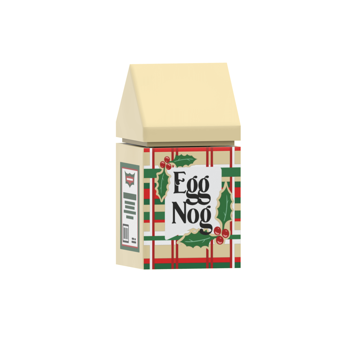 Egg Nog carton with plaid design and holly leaves on a tan LEGO brick