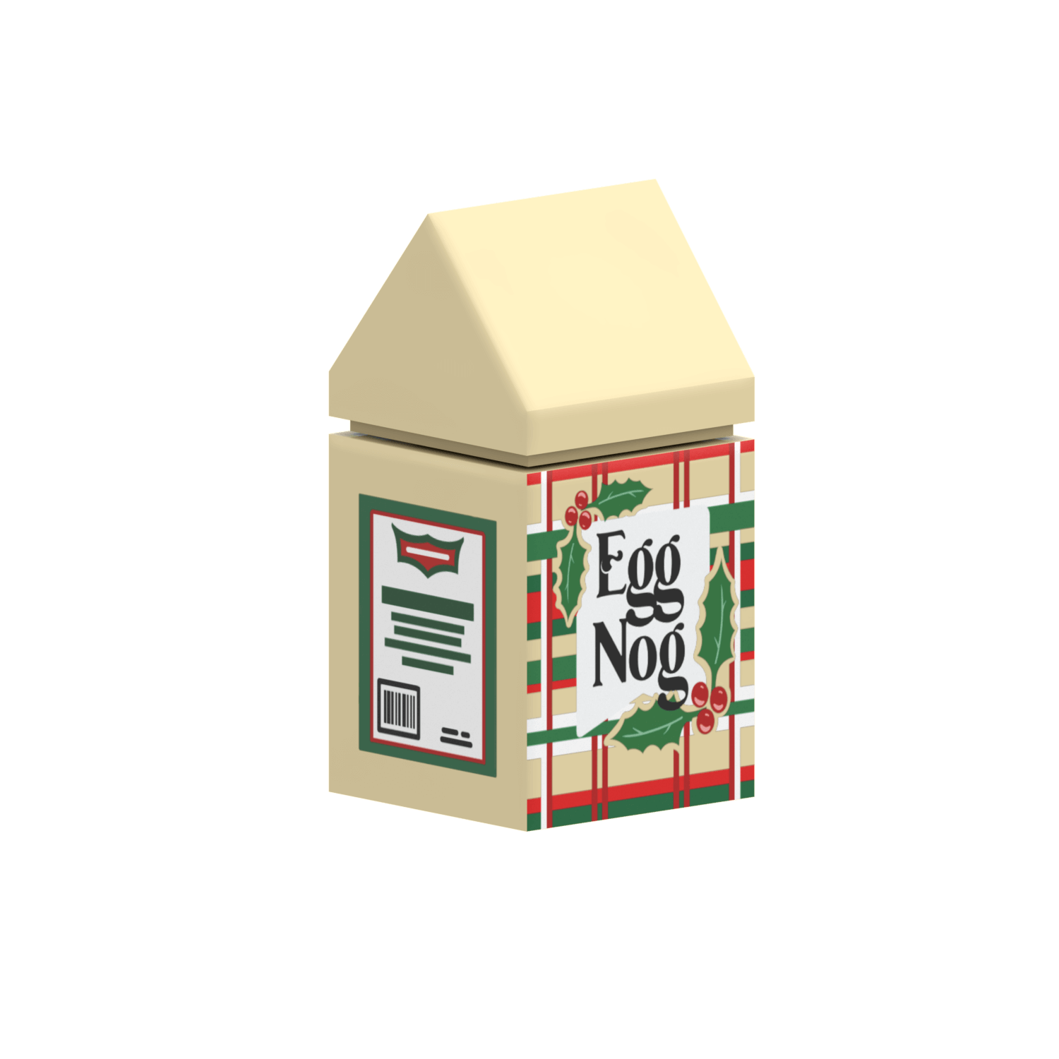 Egg Nog carton with plaid design and holly leaves on a tan LEGO brick
