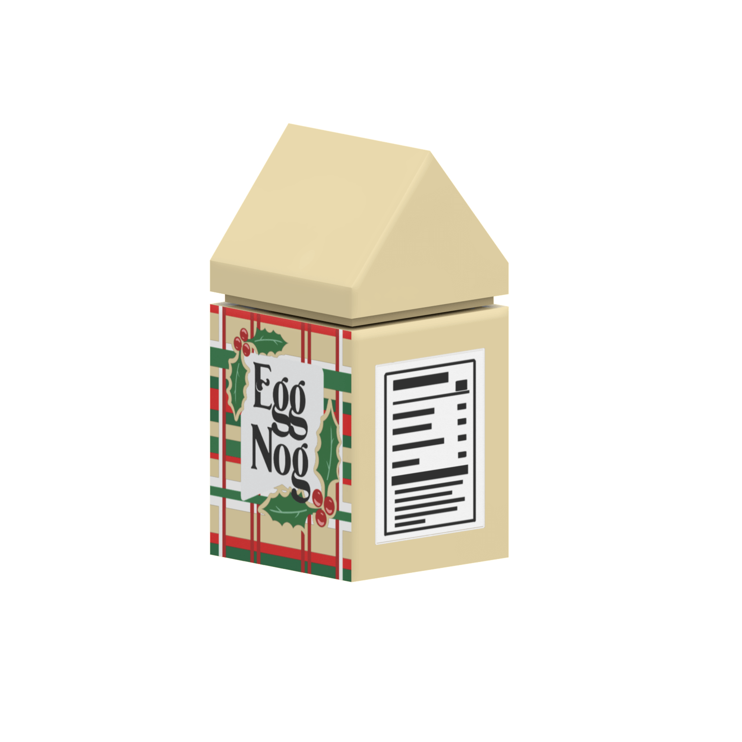 Egg Nog carton with plaid design and holly leaves on a tan LEGO brick