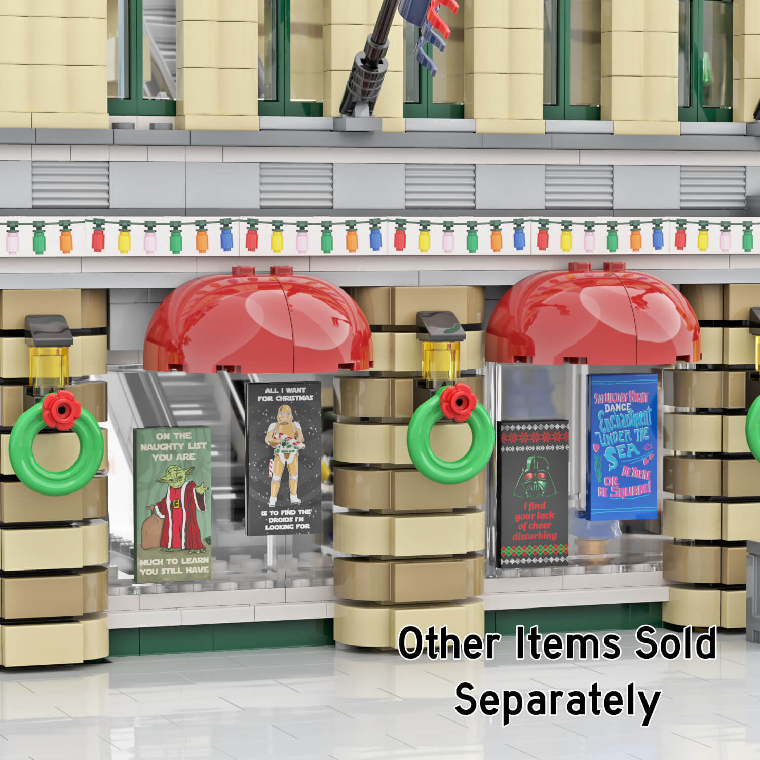 Fun Christmas posters displayed on a LEGO brick built shop window, with various Christmas Decorations.