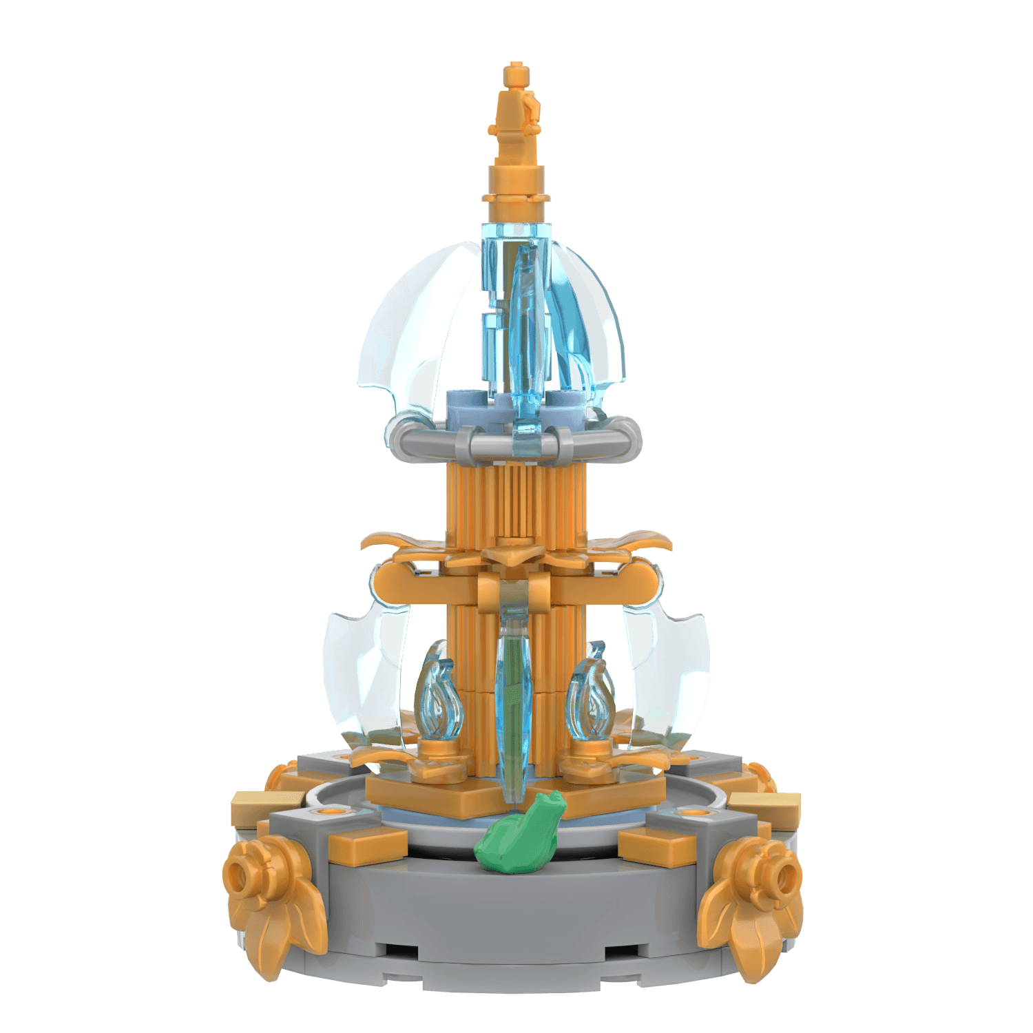 Custom building kit of LEGO of a park fountain with multiple level water falls gold statues and a frog on a grey base on a white background