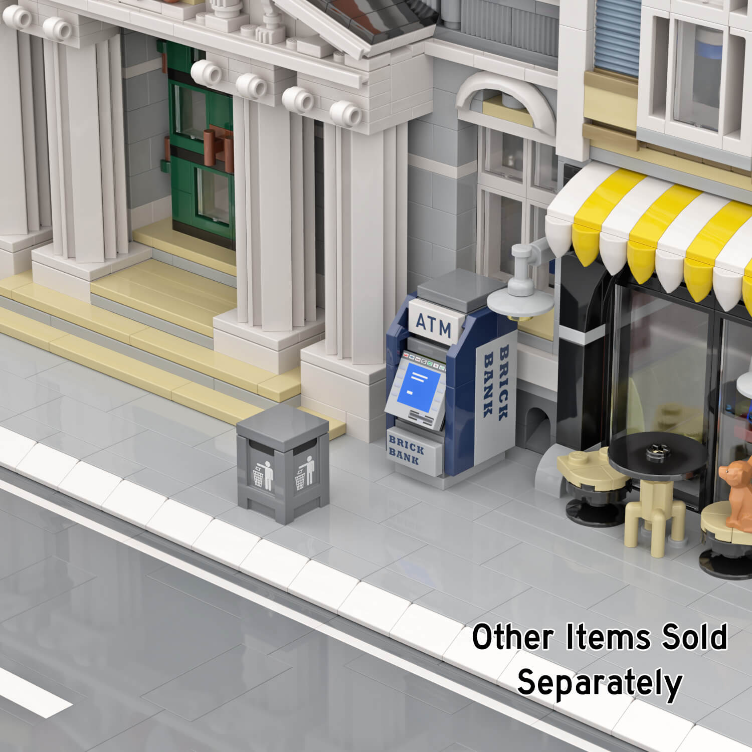 City Trash can with LEGO buildings a ATM and street scene 