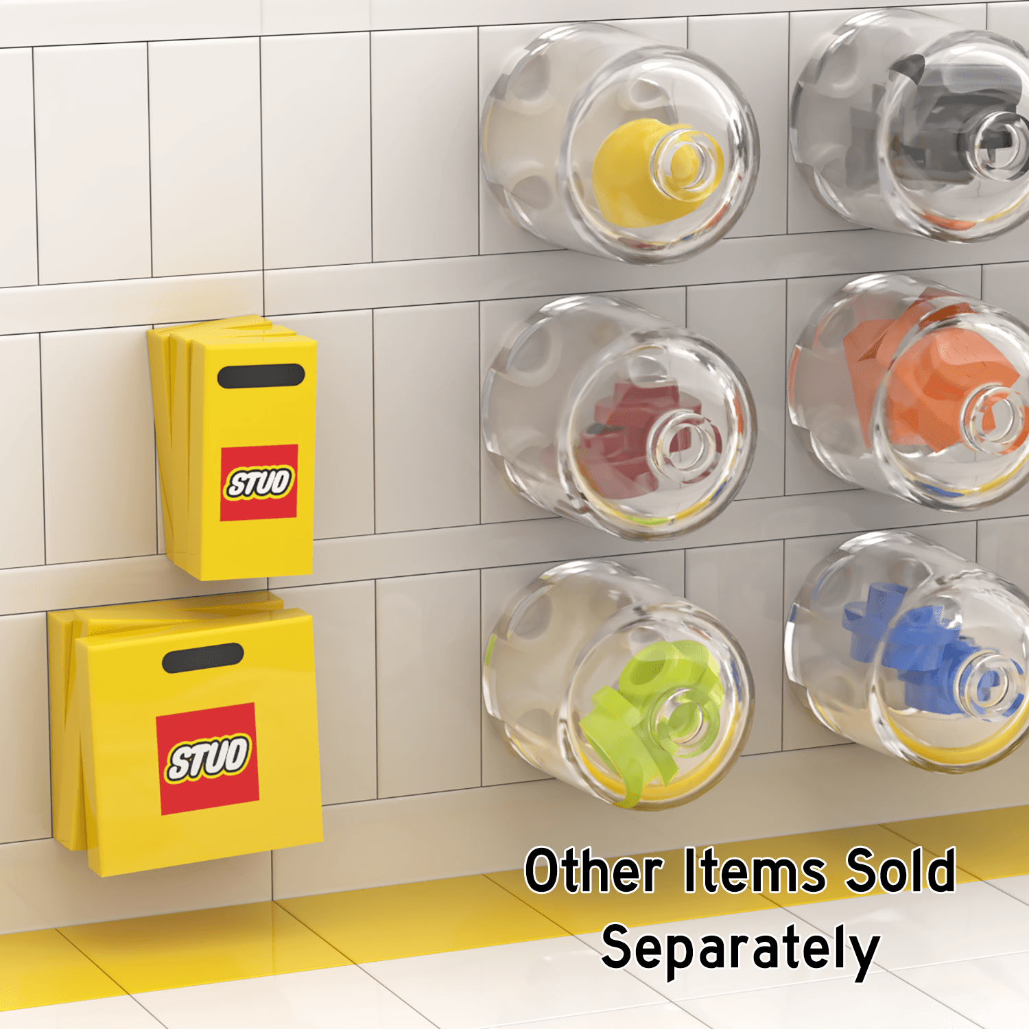Classic Yellow Shopping Bags hanging on a white LEGO brick built wall in the 'pick a brick' section of a LEGO store. With various LEGO bricks to choose from