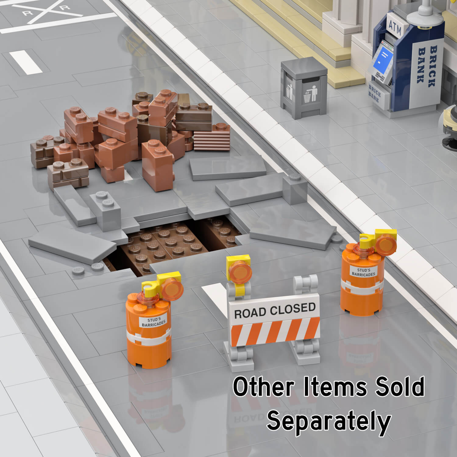 Construction Barriers and Barricades guarding a construction hole in a LEGO road with a sidewalk, ATM and Trash Can in the background.