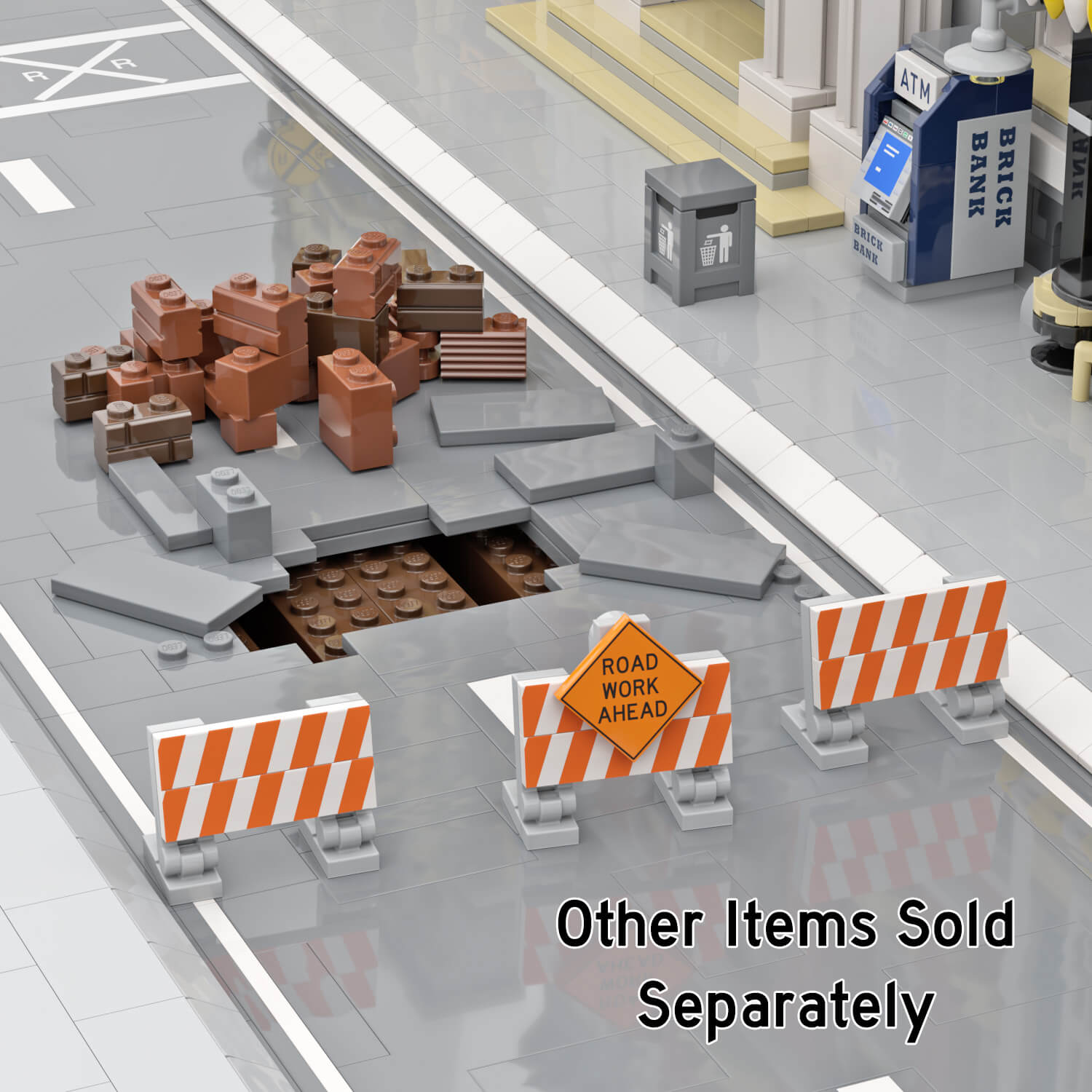 Construction Barriers Guarding a hole in a LEGO road with a sidewalk, ATM and Trash Can in the background.
