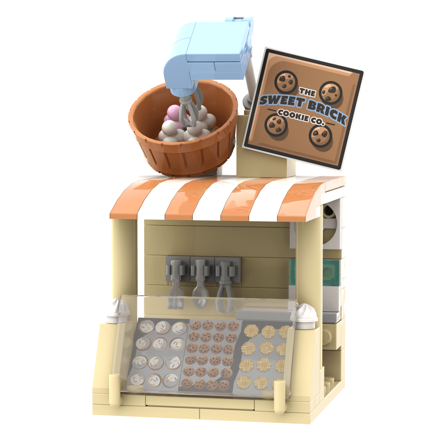 A custom-designed LEGO cookie stall with trays of cookies and a mixer, featuring a sign that reads 'The Sweet Brick Cookie Co.'.