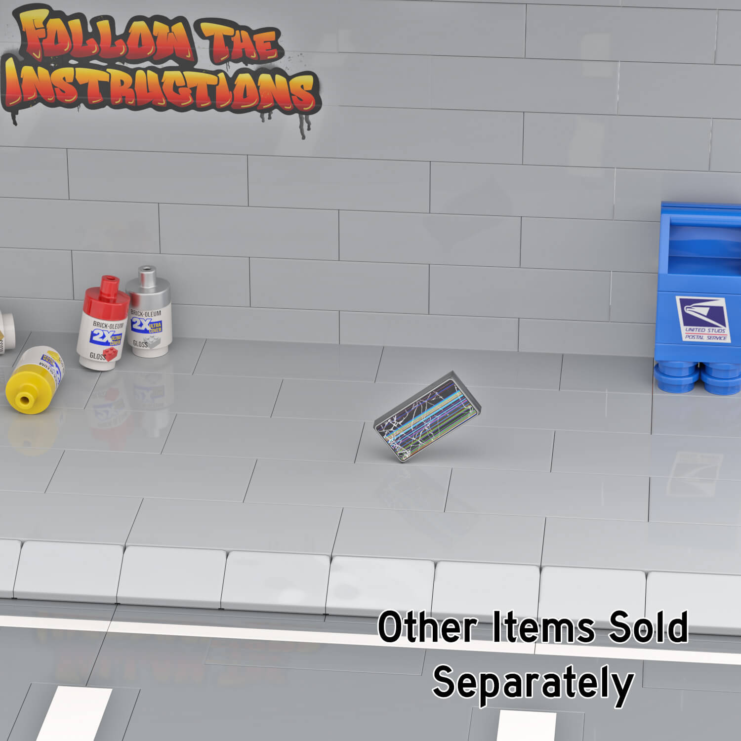 LEGO phone in a black case being dropped and hitting the ground, and breaking the screen on a side walk with graffiti in the background.