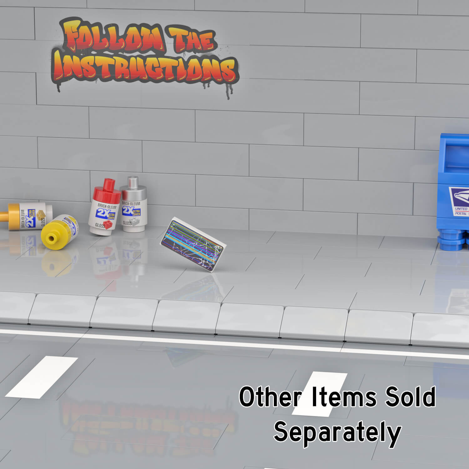 LEGO phone in a white case being dropped and hitting the ground, and breaking the screen on a side walk with graffiti in the background.