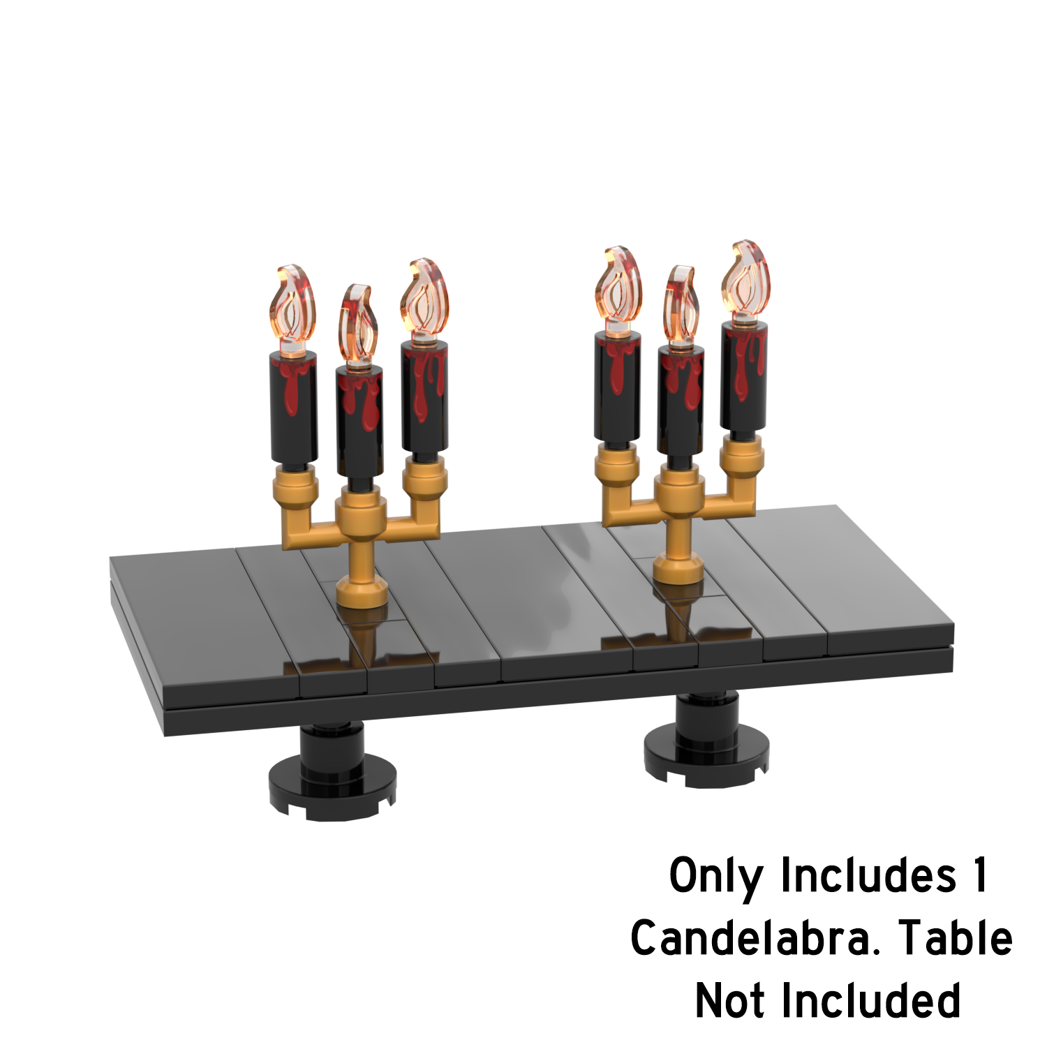 Custom bloody themed black halloween candelabra's on a black LEGO brick built table on a white background.