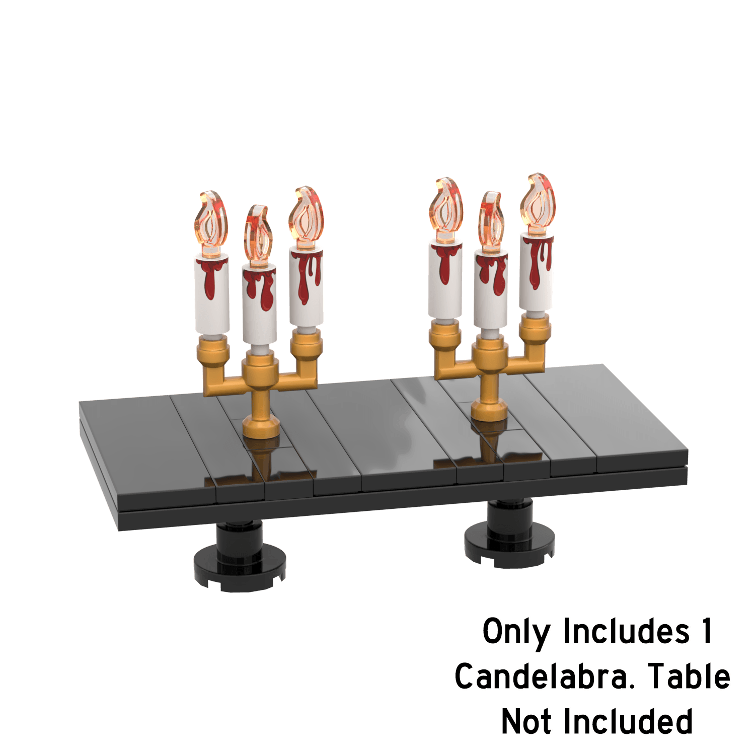 Custom bloody themed white Halloween candelabra's on a black LEGO brick built table on a white background.