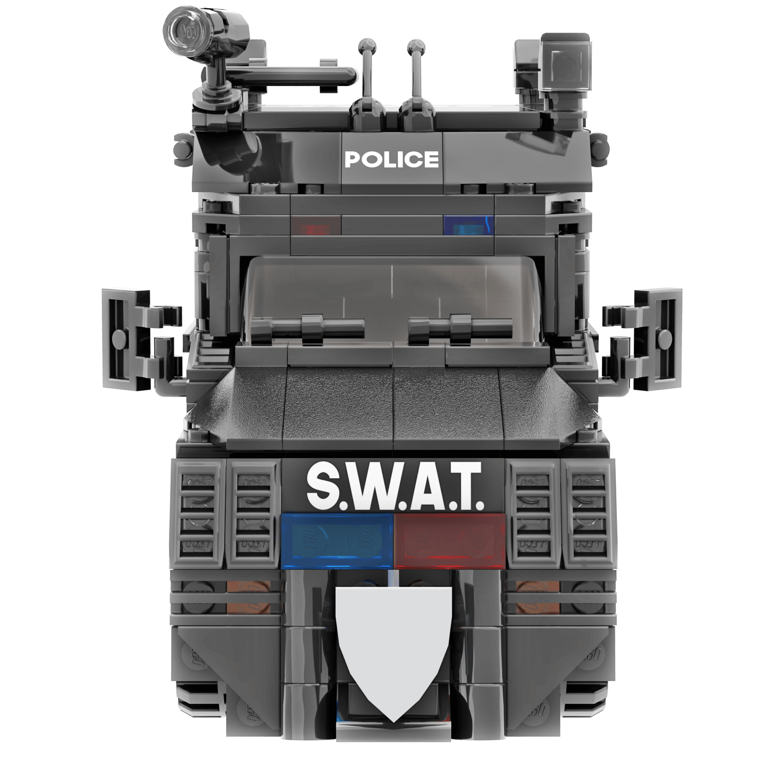 S.W.A.T. vehicle with police and S.W.A.T. branding made from lego parts on a white background