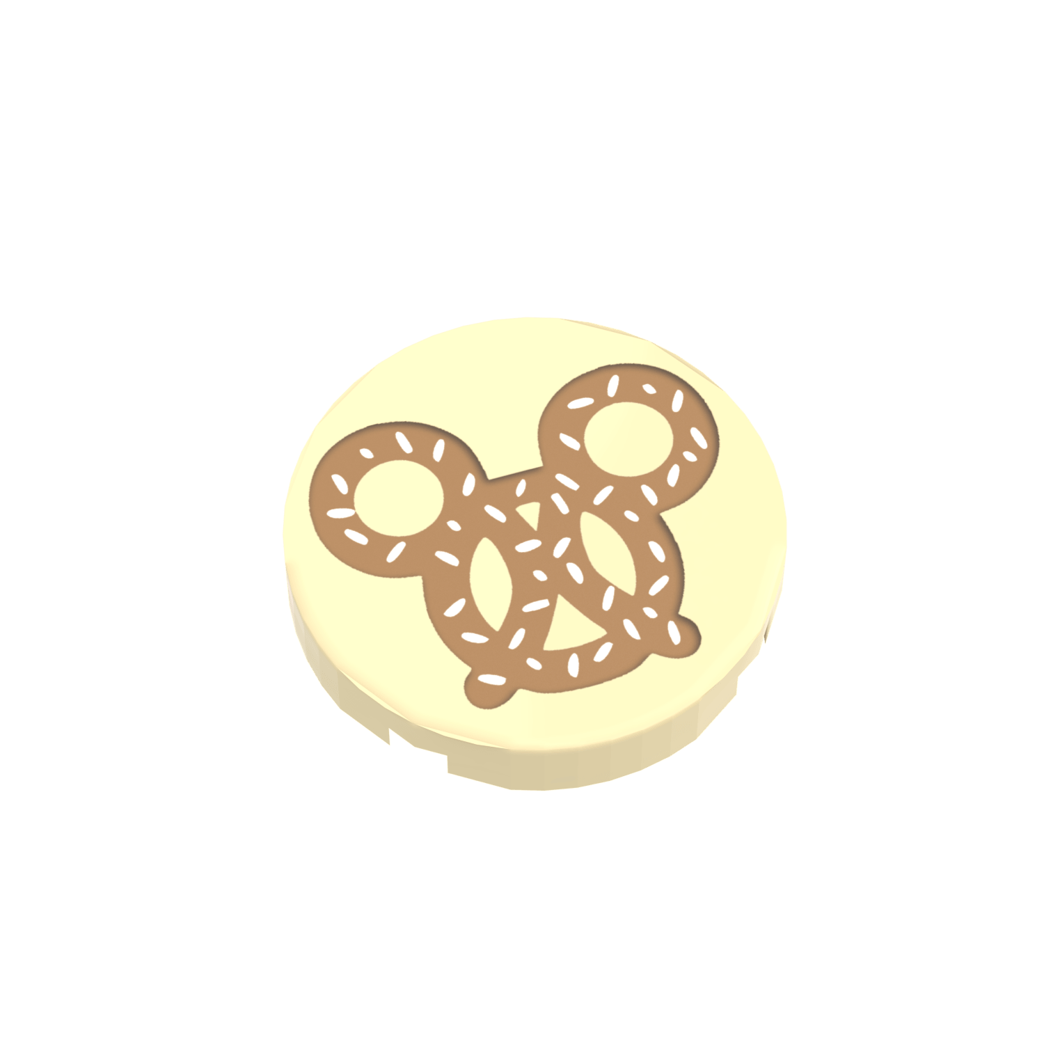 Magical shaped pretzel drawn on a 2x2 round tan colored LEGO tile on a white background
