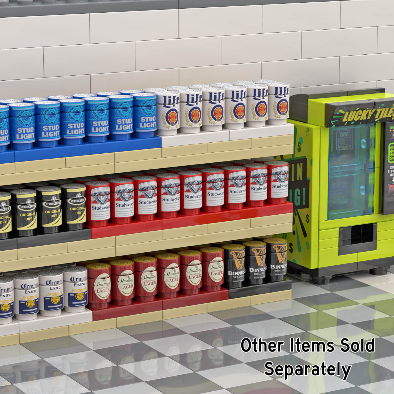 Custom Lego parts printed to look similar to American beers in a brick built shop setting with a vending machine in the background