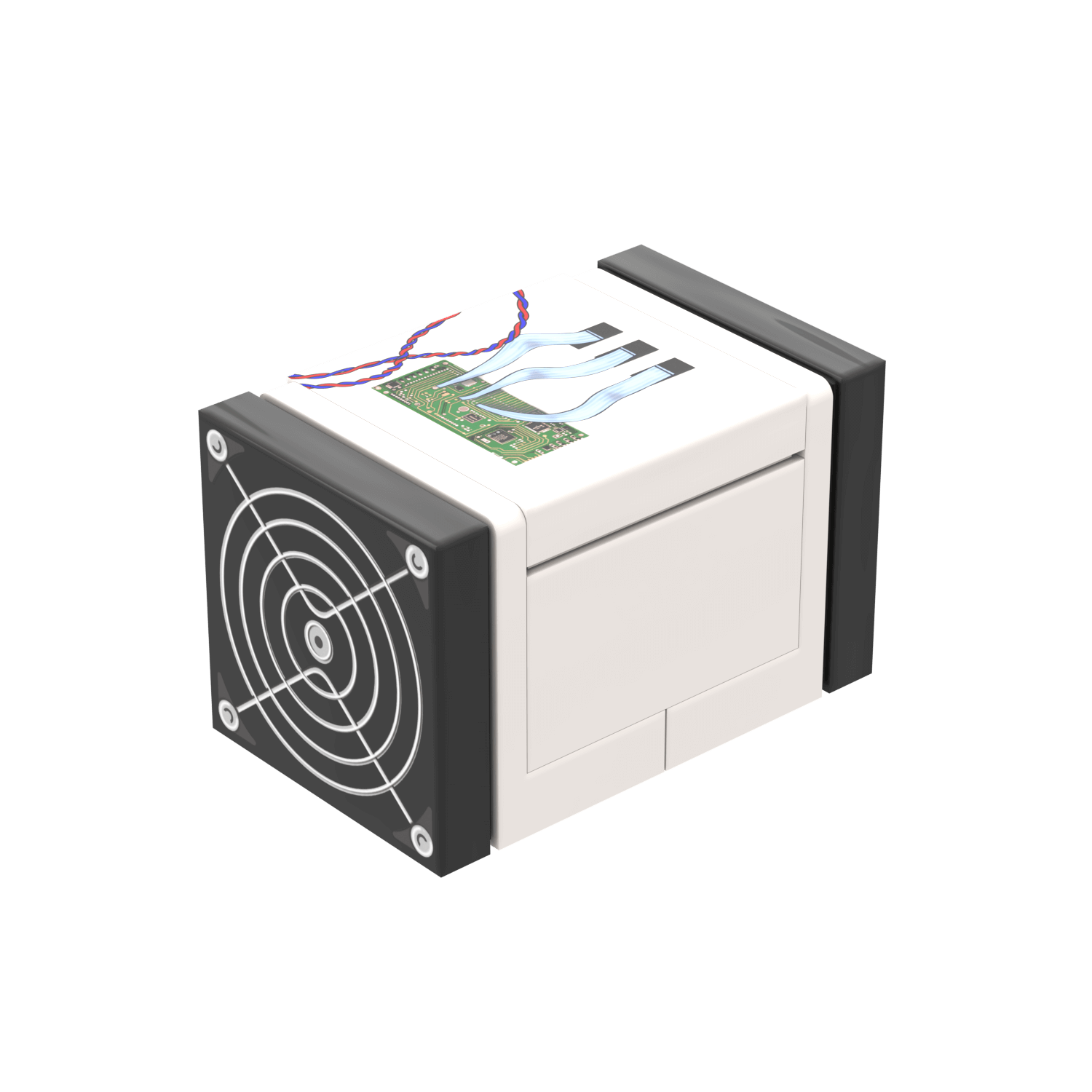 lego bitcoin miner machine device with a cooling fan on a white background
