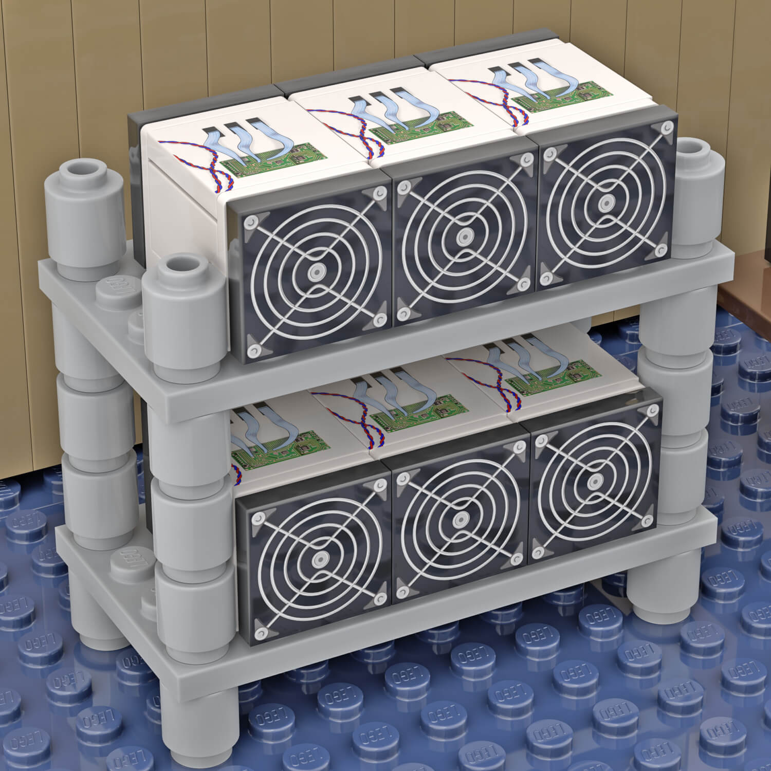 lego moc of 6 bitcoin miners made from lego in a room setting