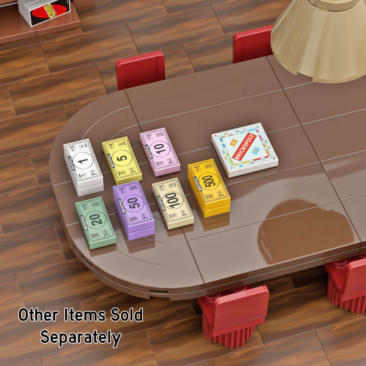 Custom LEGO game Brickopoly and Brickopoly money on  table ready to play the game in a LEGO living room setting.