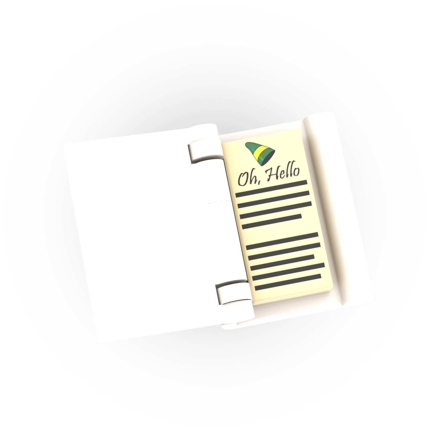 Open Buddy Chrstimas lego book with tan page with 'Oh, Hello' text and a green elf hat symbol on a white background.  Lego moc