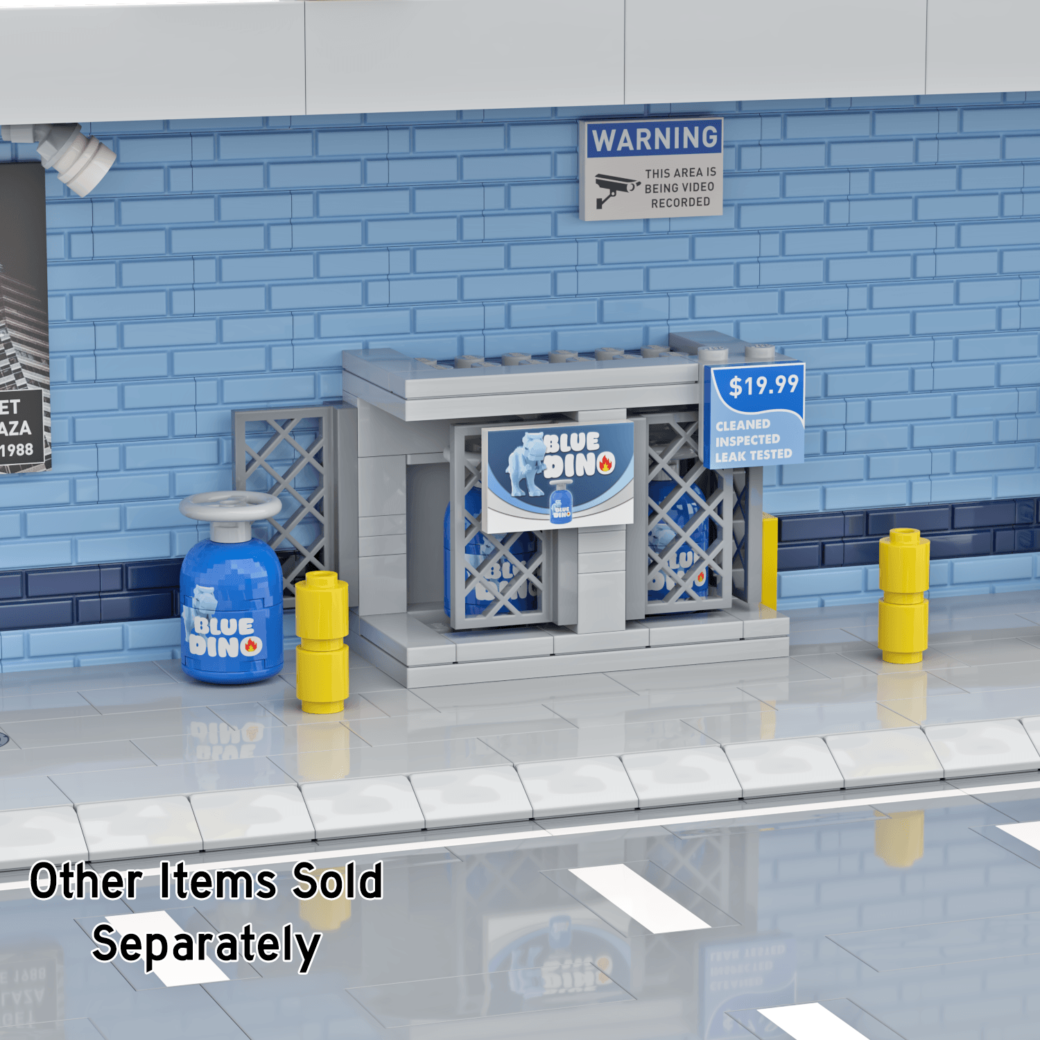 LEGO brick built city gas station setting with a "Blue Dino" gas cylinder exchange building kit with the cage open with a blue gas cylinder outside with a blue masonry wall and poster and security camera and warning sign.