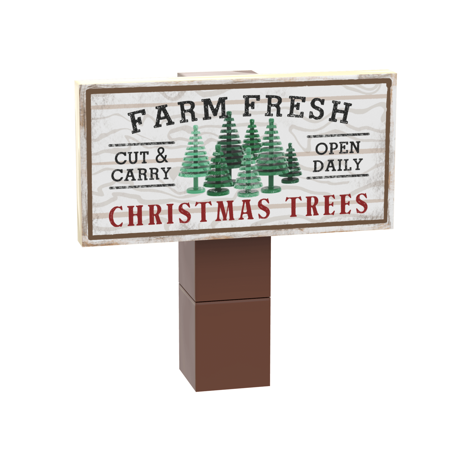 Custom Lego Wooden sign with Christmas tree farm advertisement on a white background