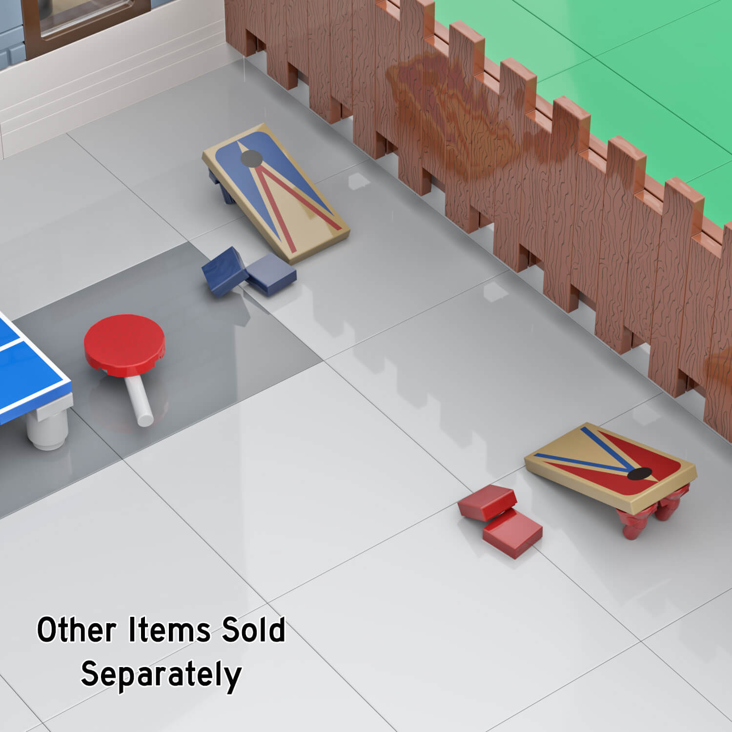 Corn  hole game out of LEGO parts setup in a EGO backyard setting with fence