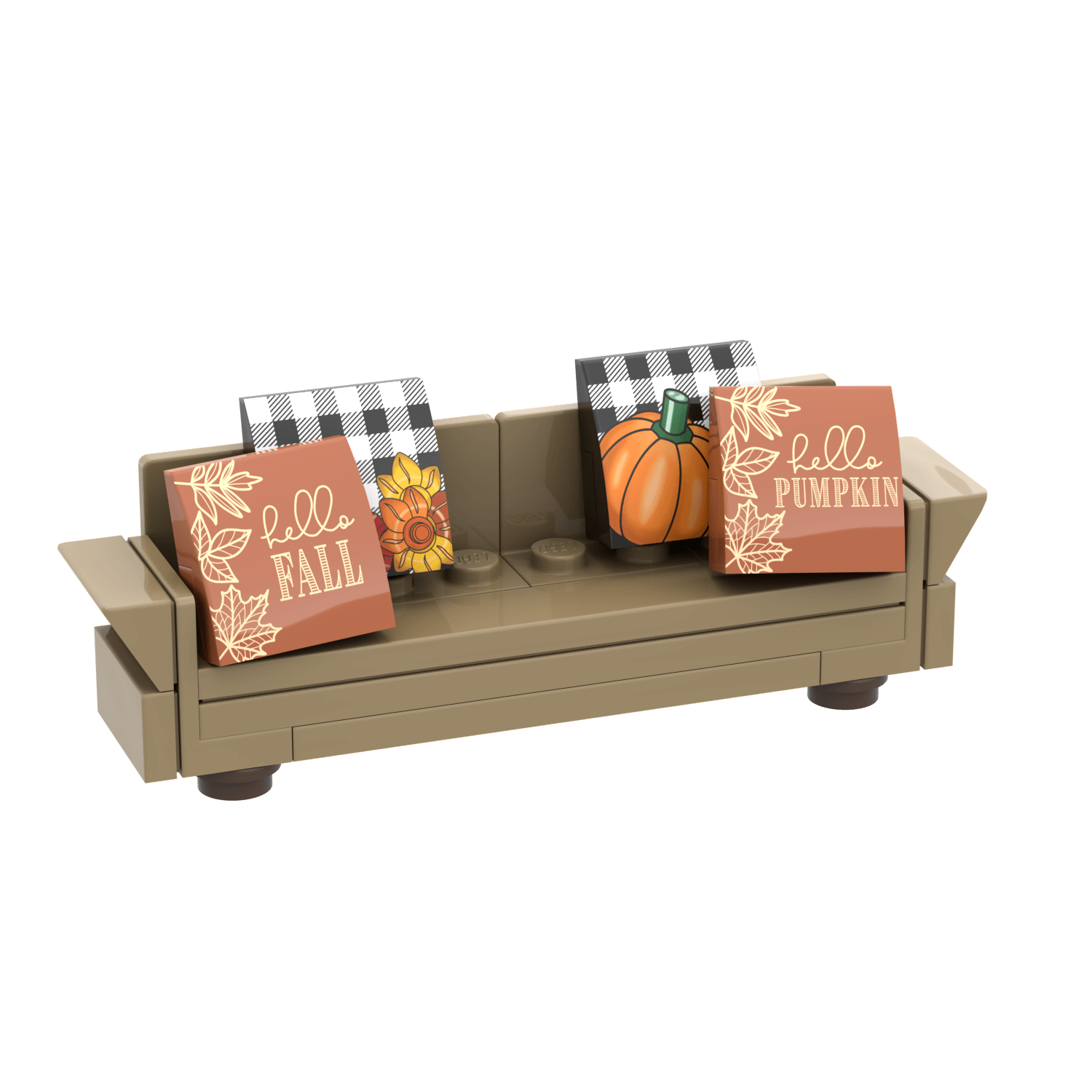 Custom LEGO MOC - 4 fall pillows on a dark tan lego couch