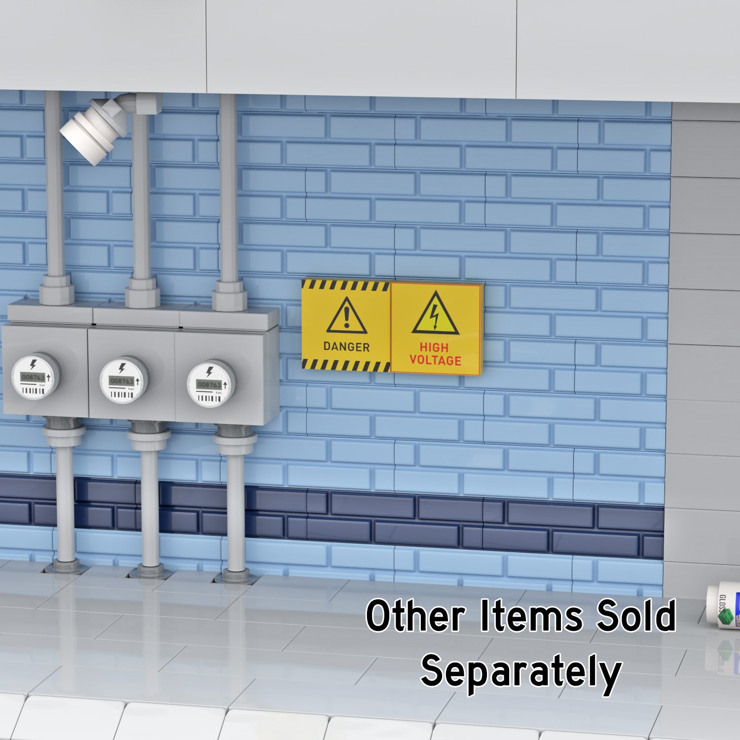 A LEGO yellow high voltage warning sign with black caution symbols mounted on a light blue LEGO brick wall next to gray electrical meters and conduits. Text overlay at the bottom right reads 'Other Items Sold Separately'.