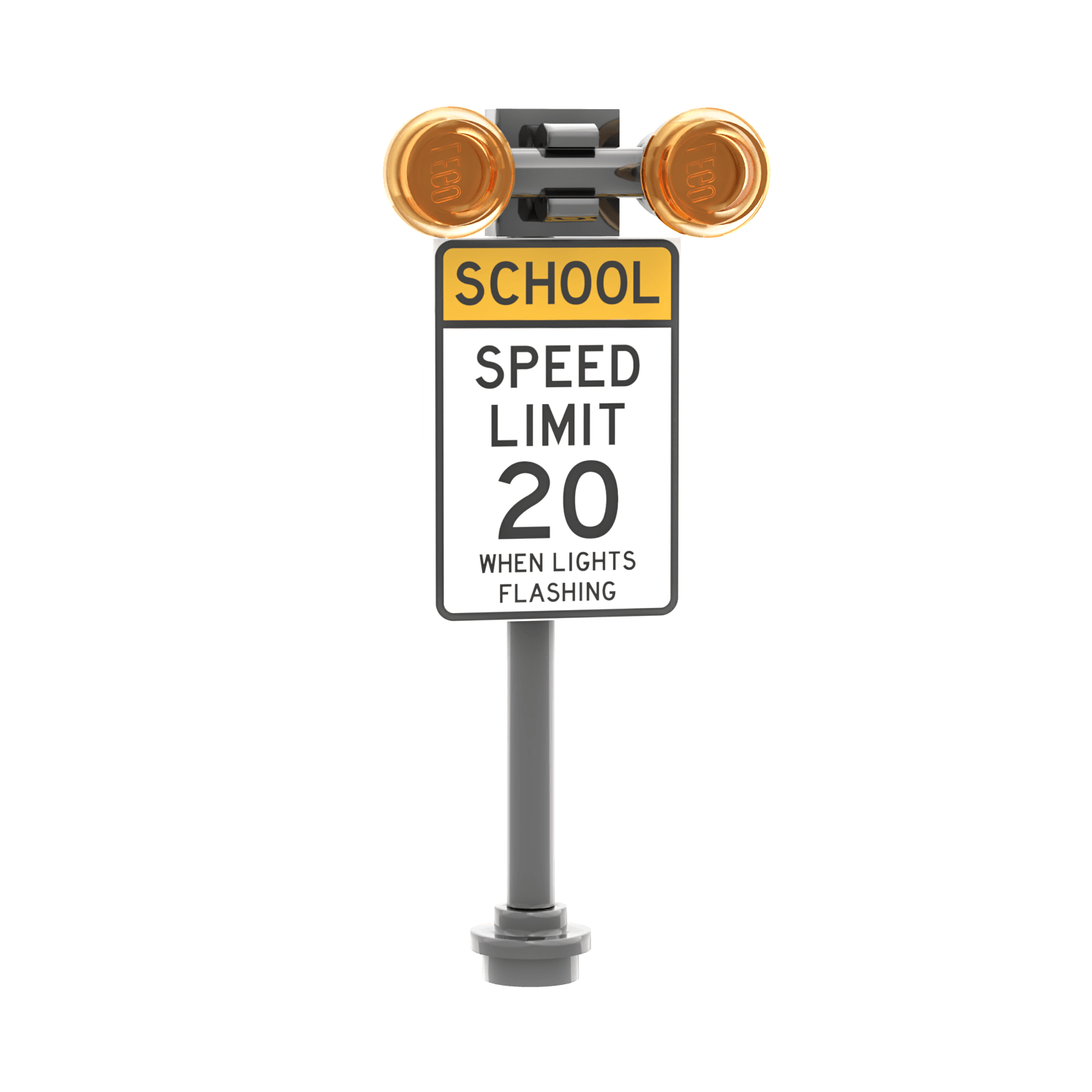 School zone speed limit sign with flashing light indicators on a white background