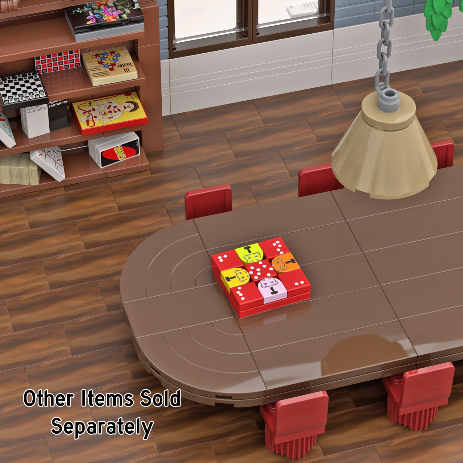 Hangry Hippos Game printed on a LEGO tiles sitting on a dinning room brown table with a brown floor.