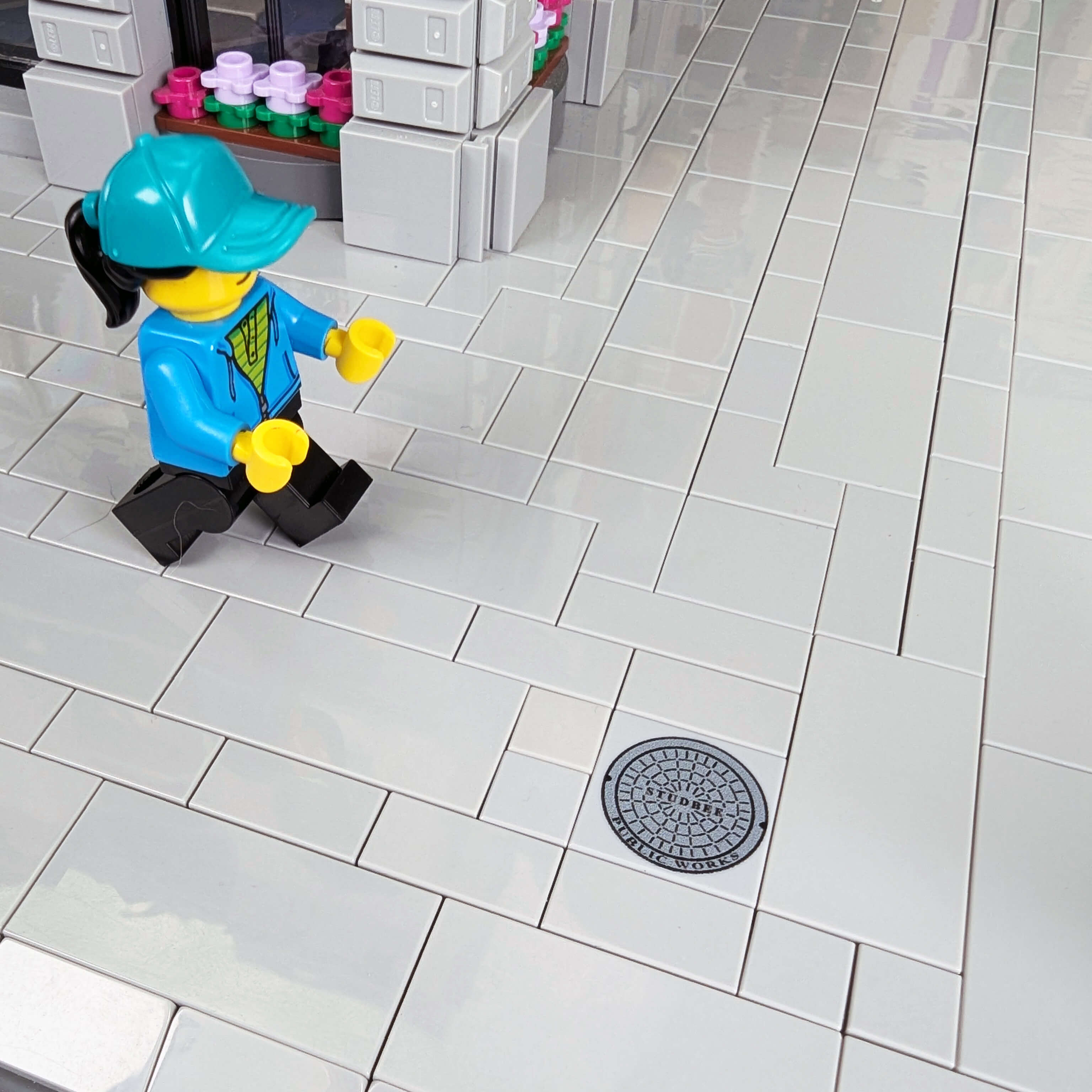Manhole Cover - Road - SideWalk -  Light Bluish Gray 2x2 Tile - Custom Printed Using a LEGO® Part