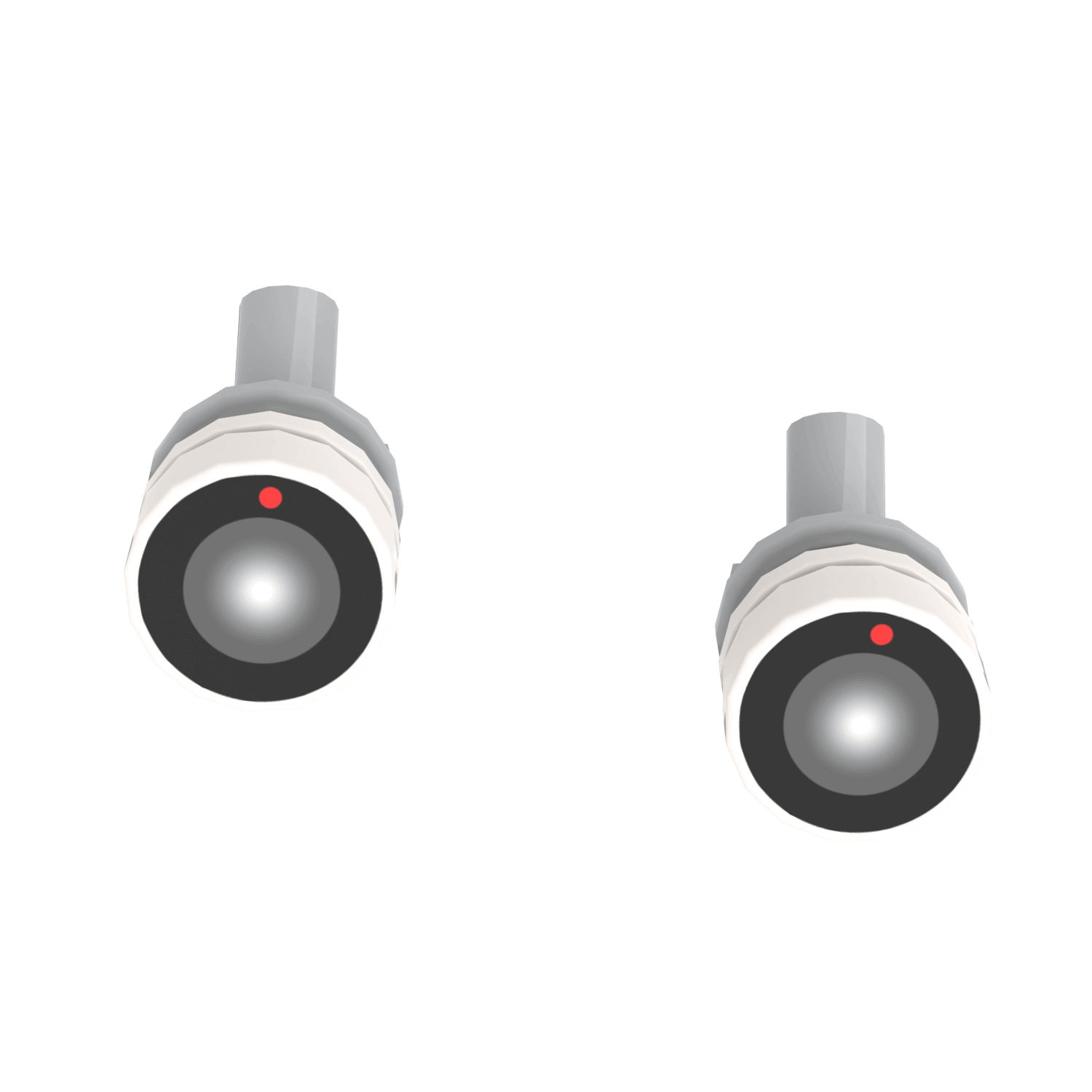 Mini LEGO® MOC - Two gray camera lenses with red lights on a black background